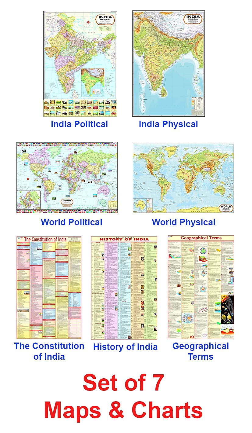 India & World Map ( Both Political & Physical ) with Constitution of India Chart, History of India Chart & Geography Terms Chart