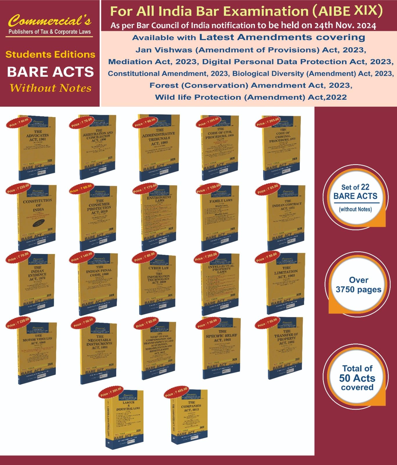 AIBE Bare Acts Combo without Notes 2024 EDITION as per Bar Council of India Guidelines set of 22 Bare Acts covering 50 Acts COM