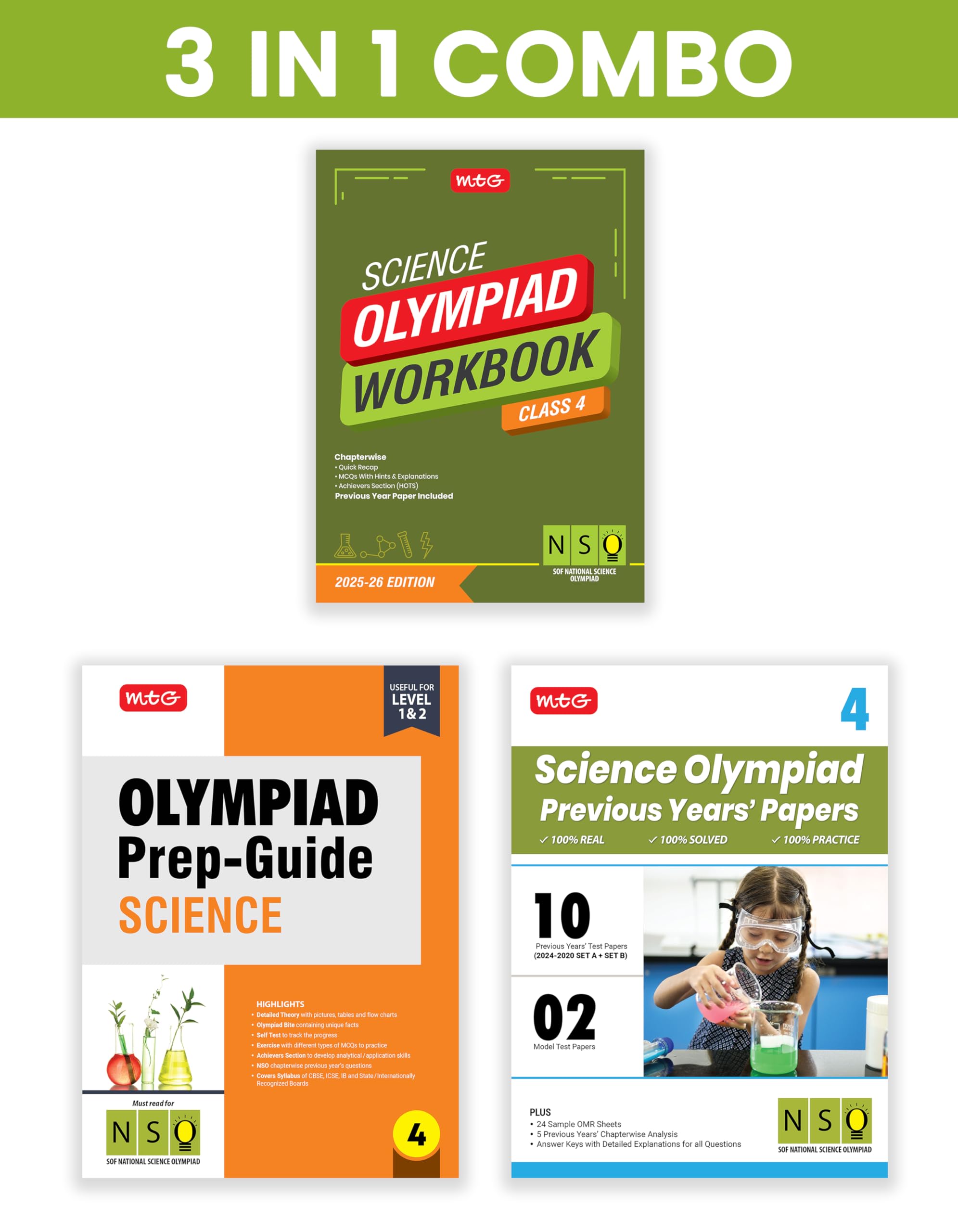MTG Class4 National Science Olympiad (NSO) Workbook, PrepGuide & Previous Years Papers (PYQs) with Mock Test Paper (Set of 3 B