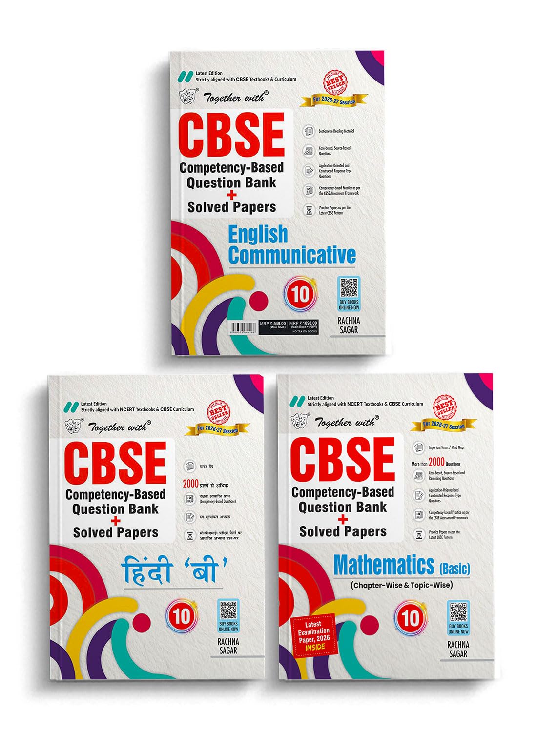 Together with CBSE Question Bank Class 10 202627 English Communicative, Hindi B & Maths (Basic) | Combo of 3 Books with Practic