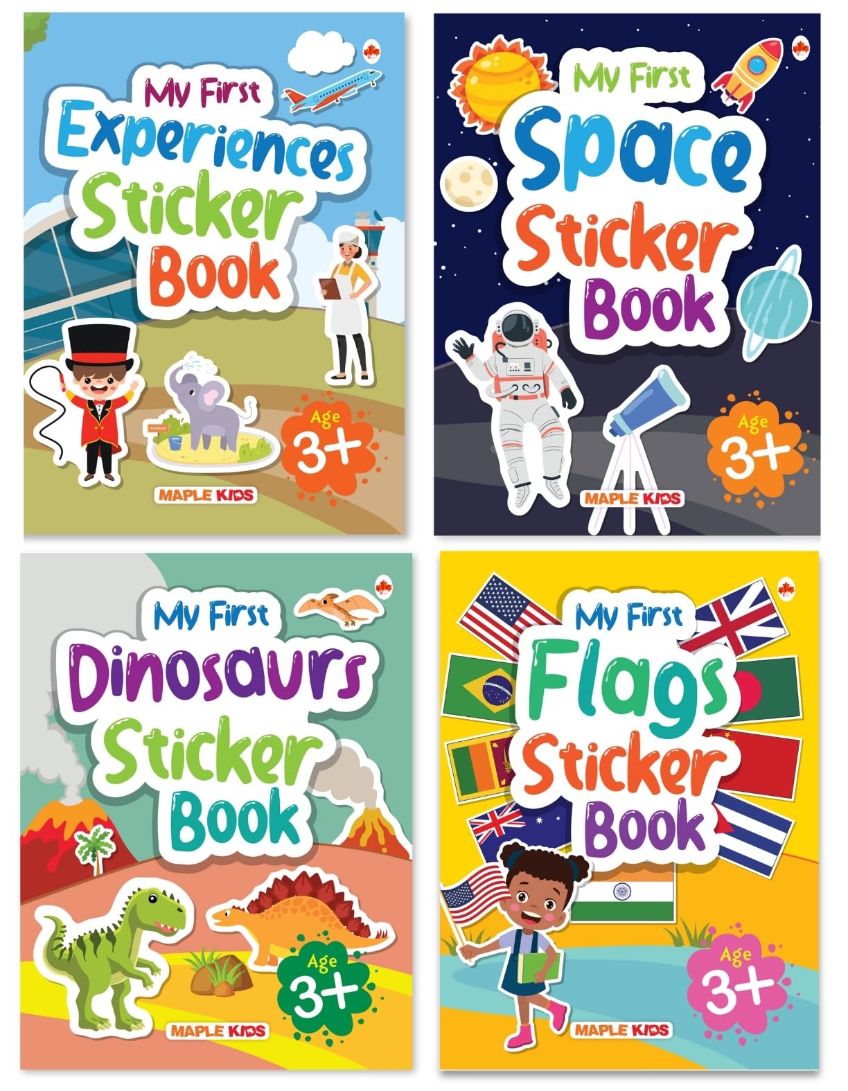 Sticker Books (Set of 4 Books)  Flags  Space  Dinosaurs  Experiences  Activity Book for Kids with 220+ Stickers  Stickers 