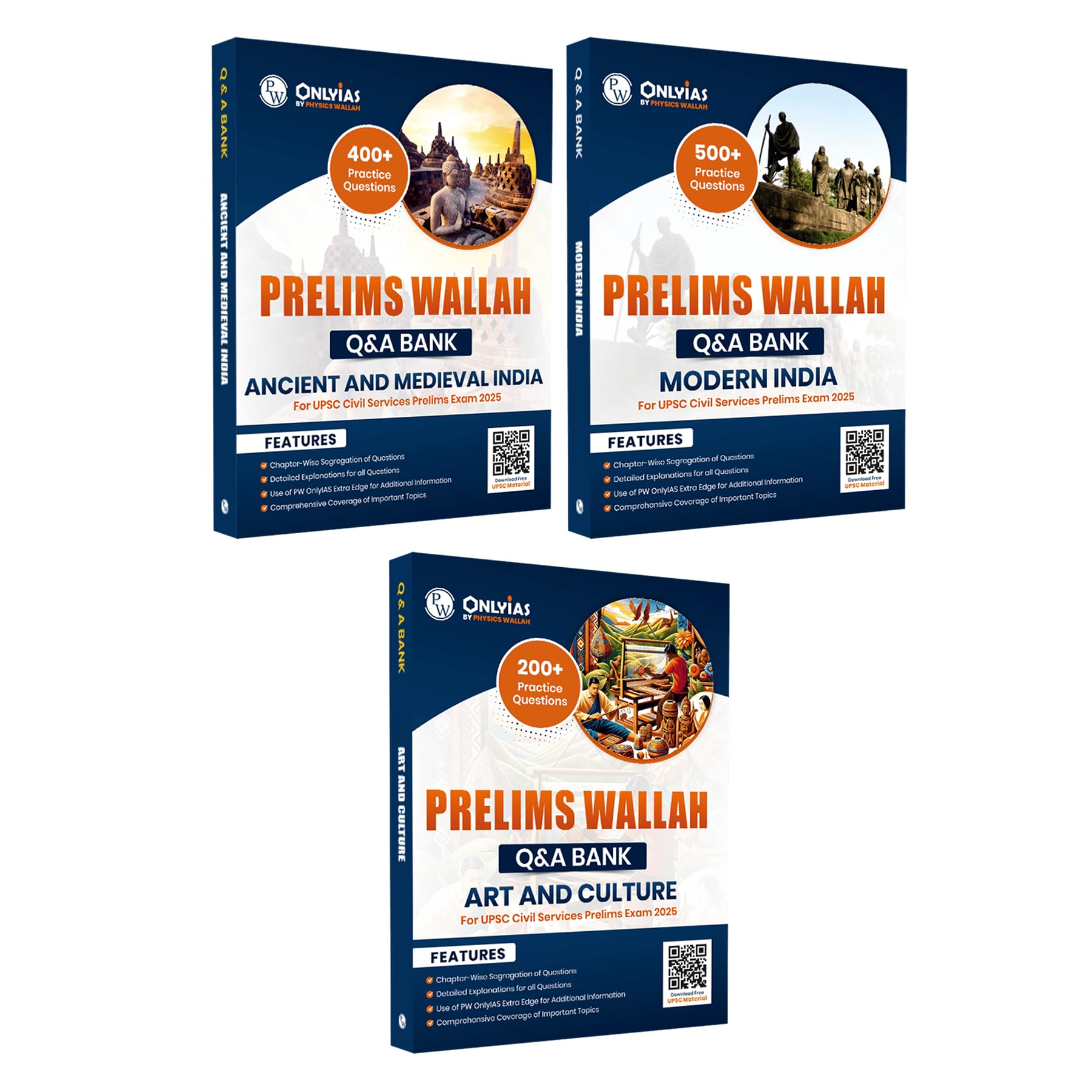PW UPSC Prelims Wallah Q & A Bank Ancient and Medieval India, Modern India, Art and Culture Combo Set of 3 Books For Civil Servi