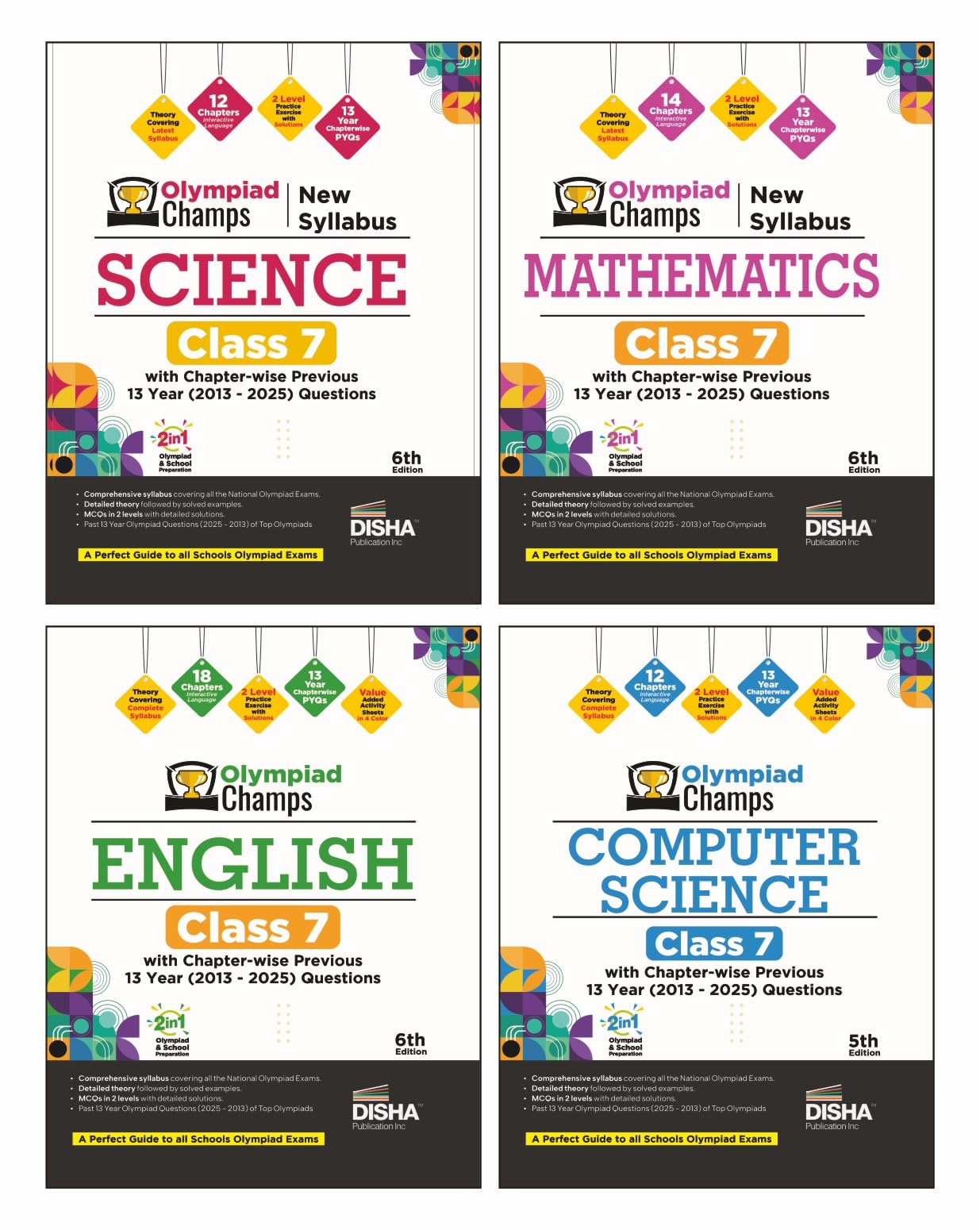 Disha Combo (4 books) Olympiad Champs New Syllabus Class 7 Science, Mathematics, English & Logical Reasoning with Chapterwise P