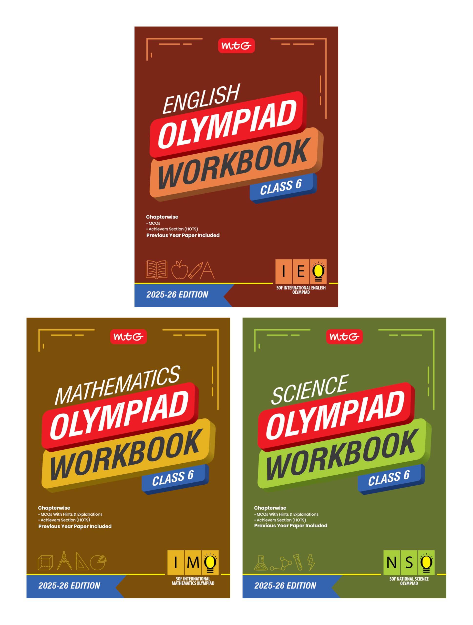 MTG Class6 NSOIMOIEO (Science, Mathematics & English) Olympiad Workbook Combo (Set of 3 Books) | MCQs, & Achievers Section  