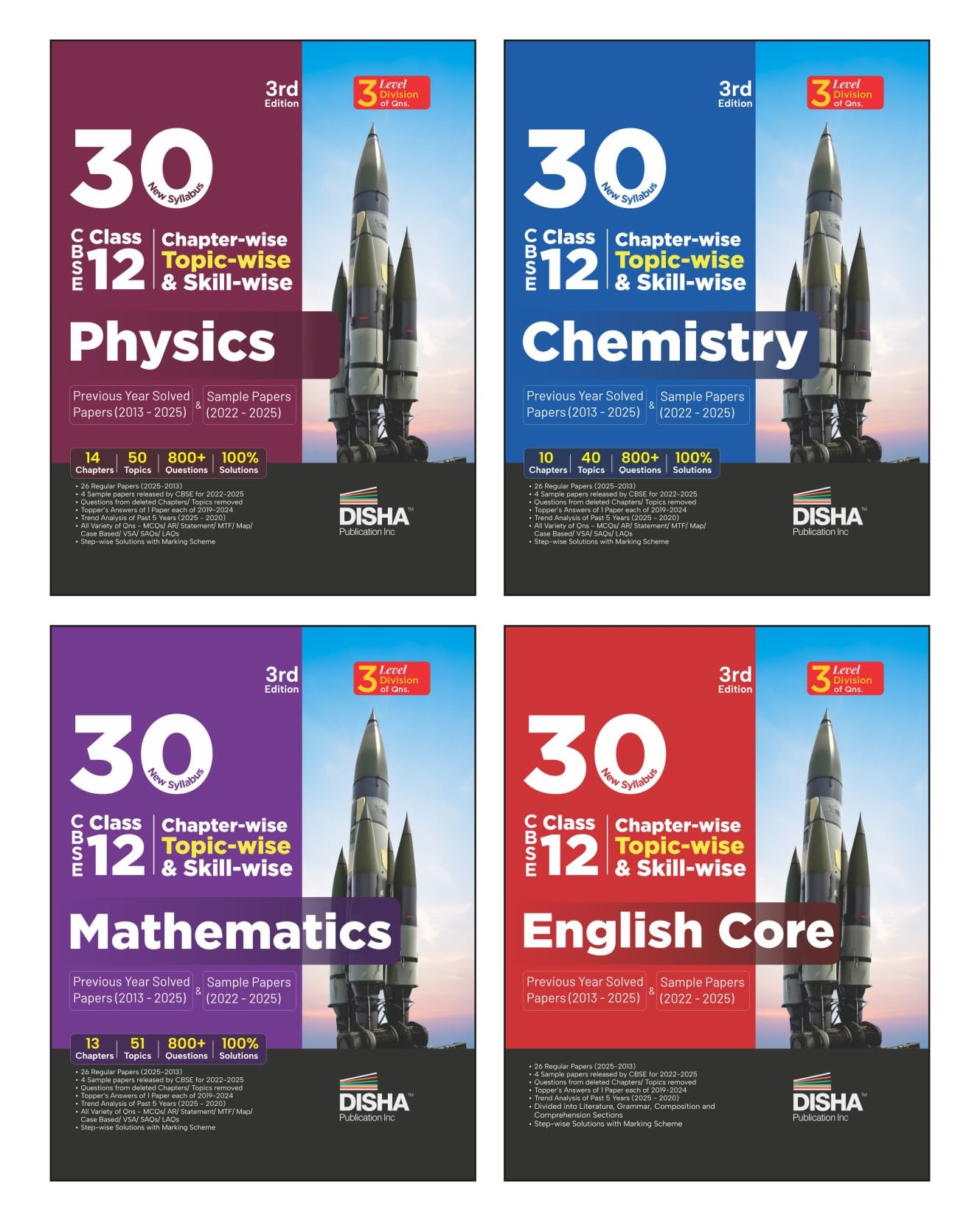 Disha Combo (4 Books) 30 New Syllabus ChapterWise, TopicWise & SkillWise Cbse Class 12 Physics, Chemistry Mathematics & Engli