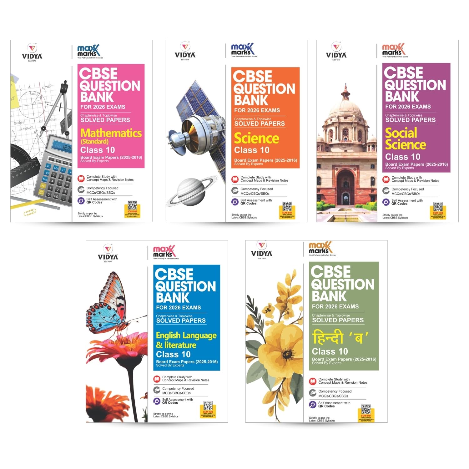 Cbse Question Bank Class 10 English, Social Science, Science, Mathematics Std , Hindi B | 5 Books Combo