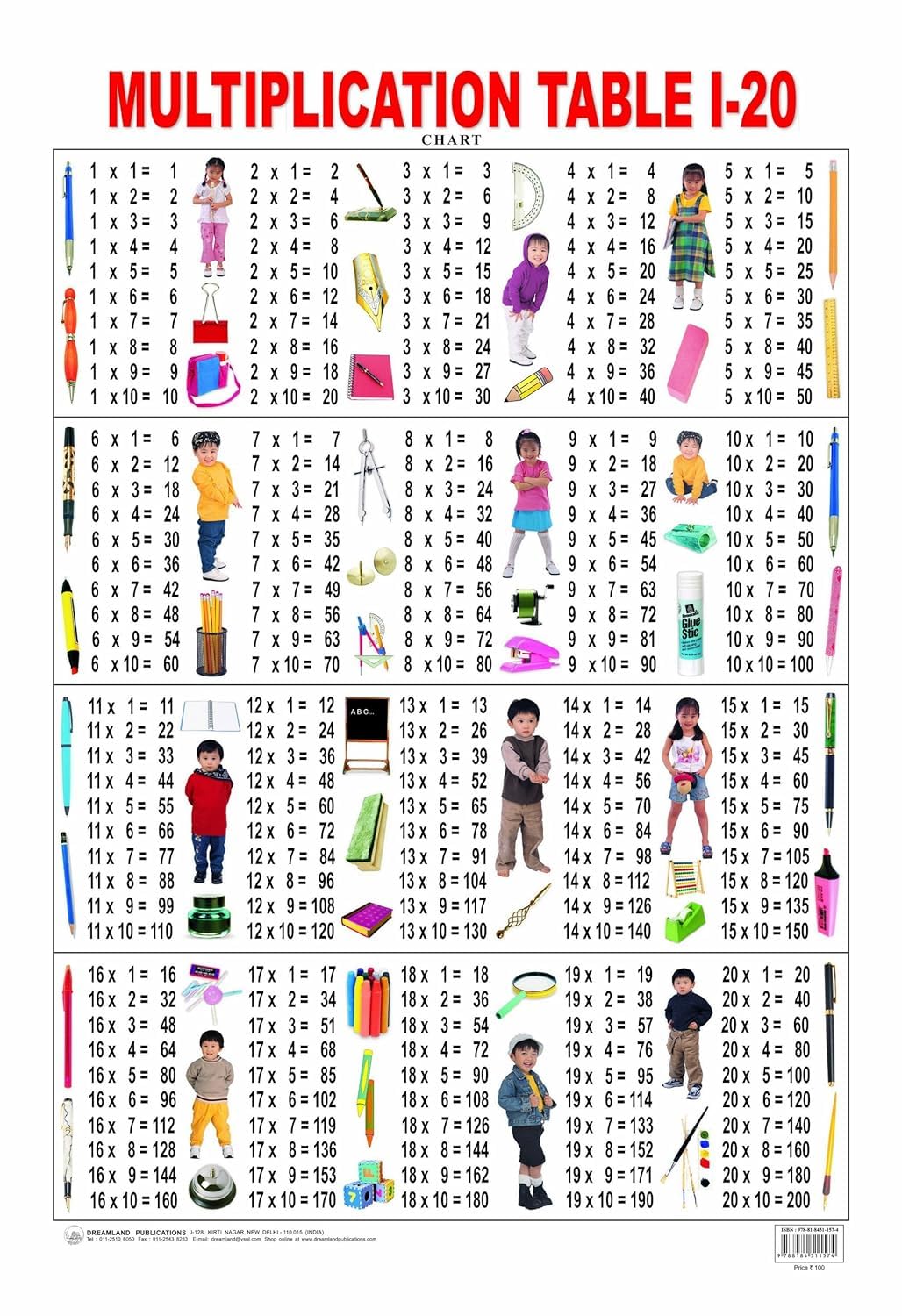 Multiplication Table Chart 1 To 20 For Kids Age 310 | DoubleSided Hard Laminated Maths Learning Poster (48 X 73 Cm) | Colourfu