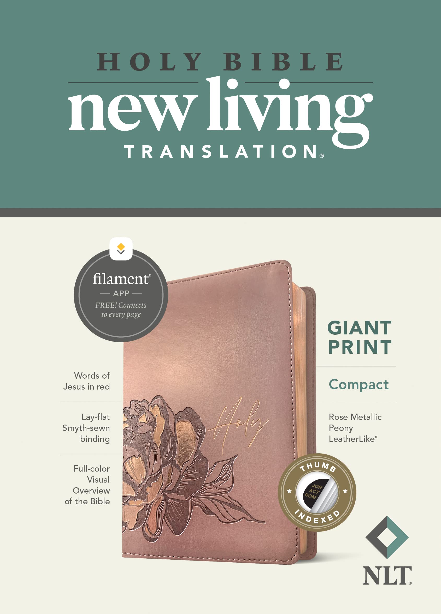 NLT Compact Giant Print Bible, Filament Enabled (LeatherLike, Rose Metallic Peony, Indexed, Red Letter)