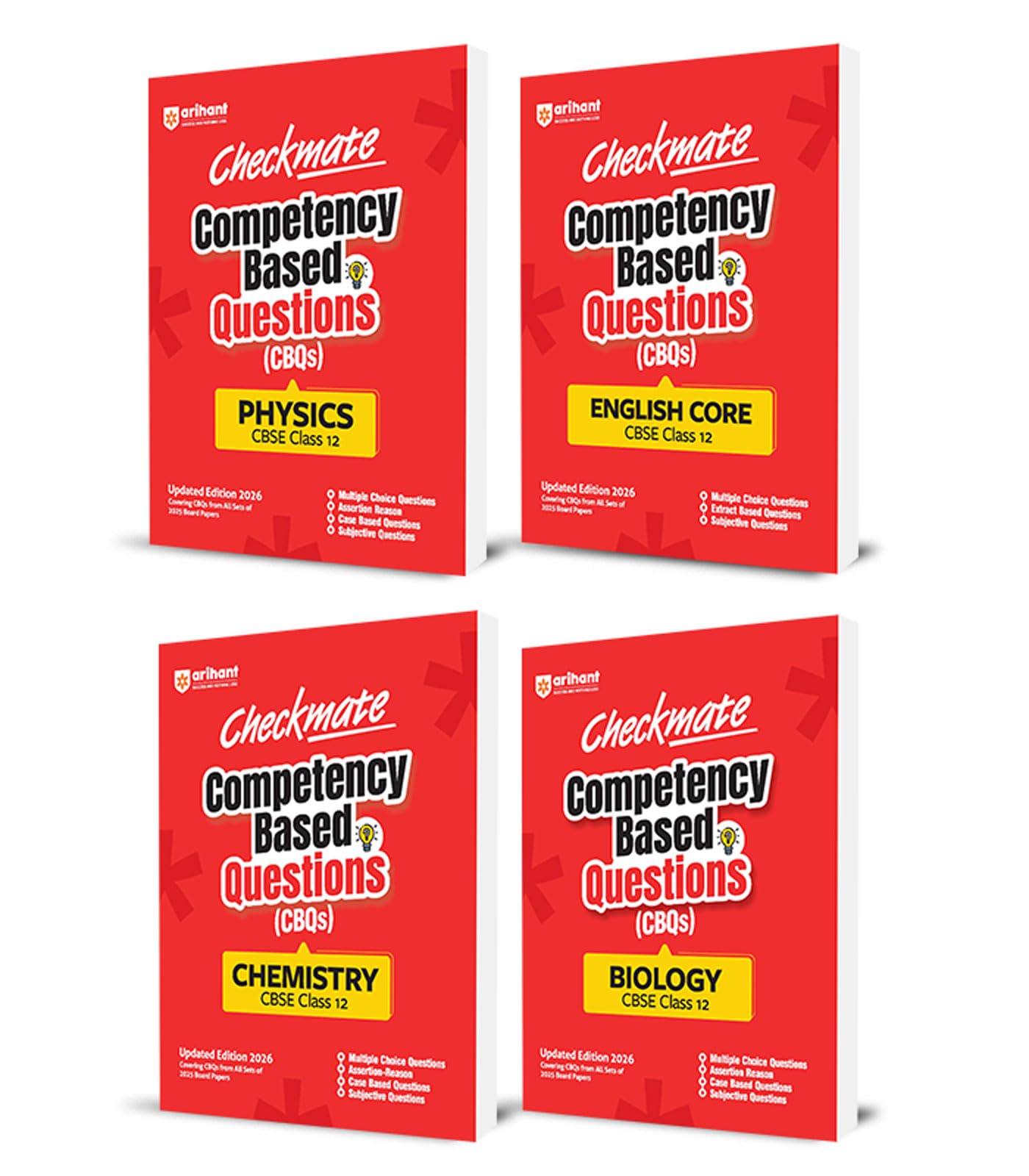 Arihant Checkmate PYQs + CBQs Physics, Chemistry, Biology and English Core For CBSE Class 12 | Past Board Exam Questions (20252