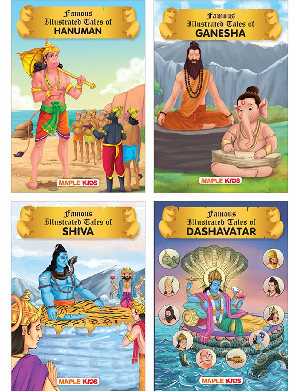 Mythology Books (Illustrated) (Set of 4 Books)  Shiva, Ganesha, Hanuman, Dashavatar  Story Book for Kids