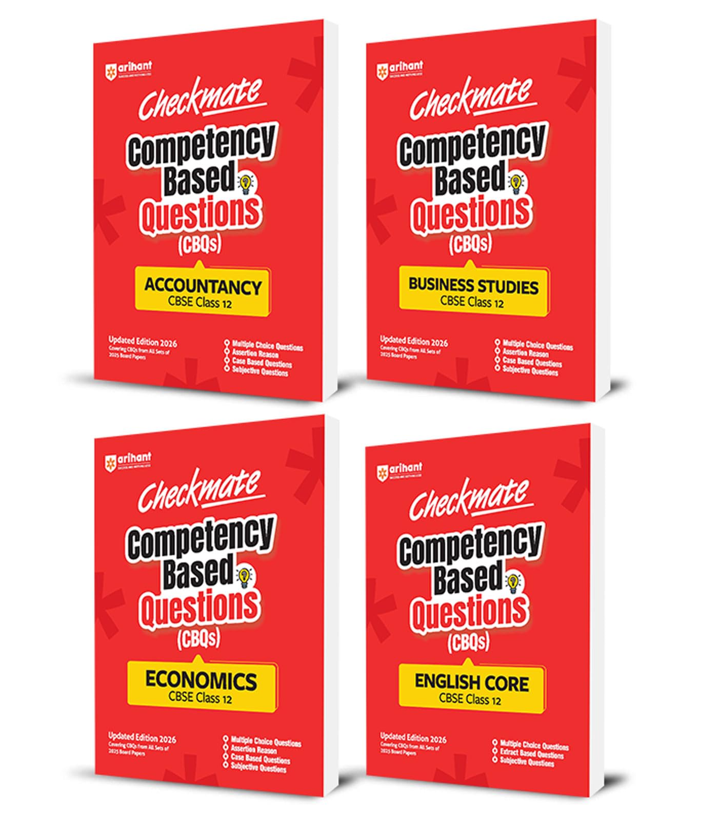 Arihant Checkmate PYQs + CBQs Accountancy, Business Studies, Economics and English Core For CBSE Class 12 | Past Board Exam Ques