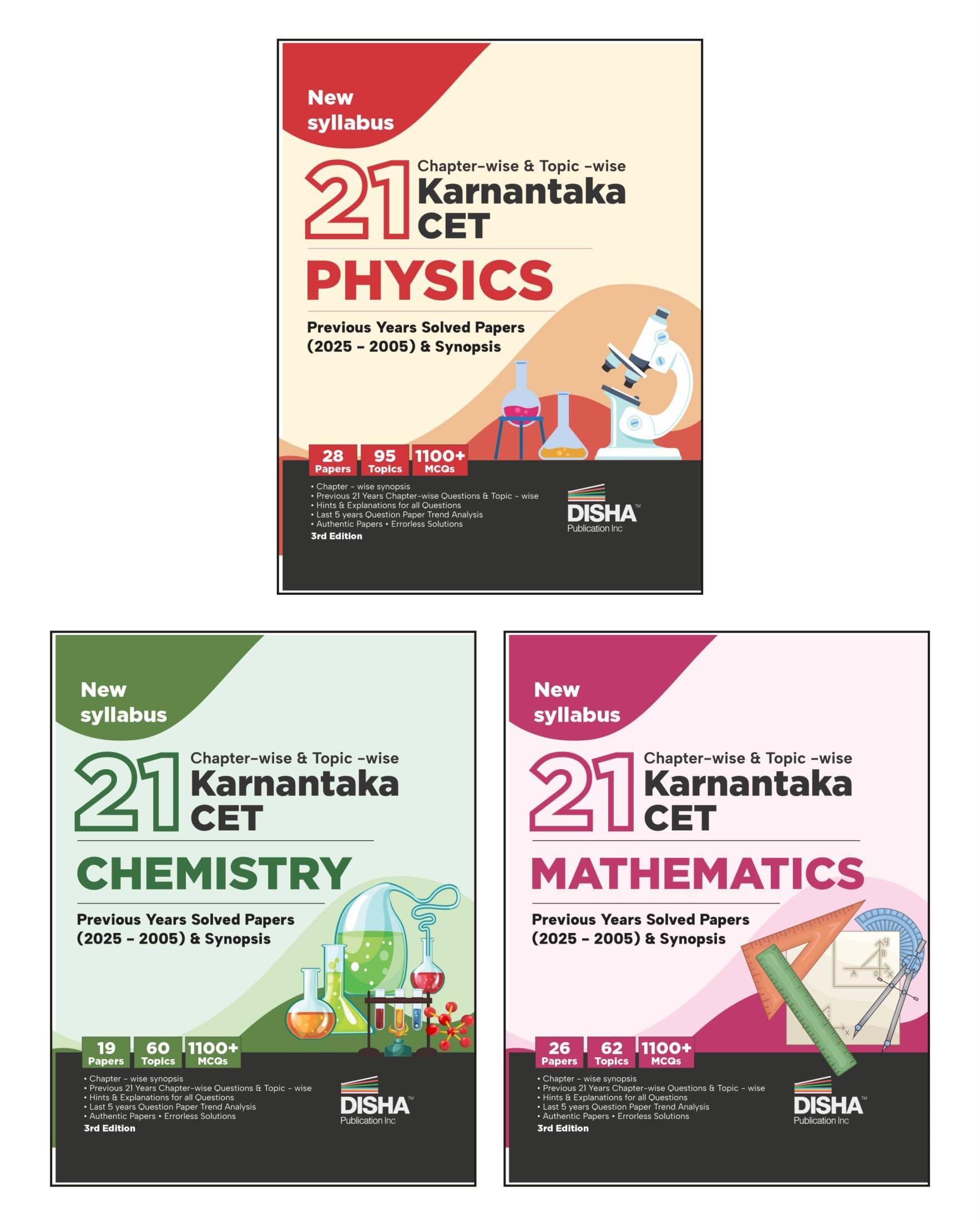 Disha Combo (3 Books) 21 ChapterWise & TopicWise Karnataka Cet Physics, Chemistry & Mathematics Previous Year Solved Papers (2