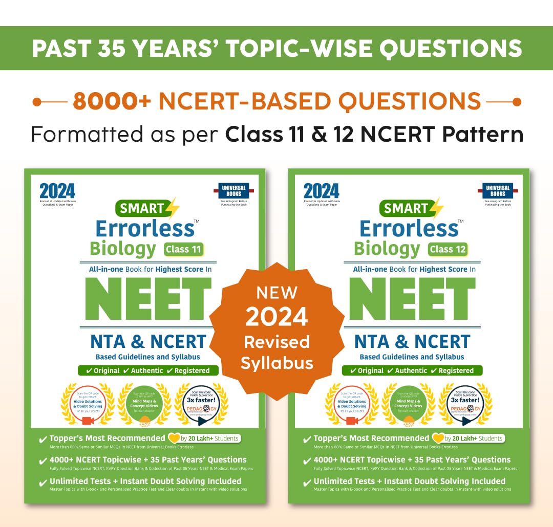 Smart Errorless Biology NEET Class 11 & 12 (2024)  NCERT Based | 8000+ NCERT & New Pattern Questions | 35 Past Years Papers | F