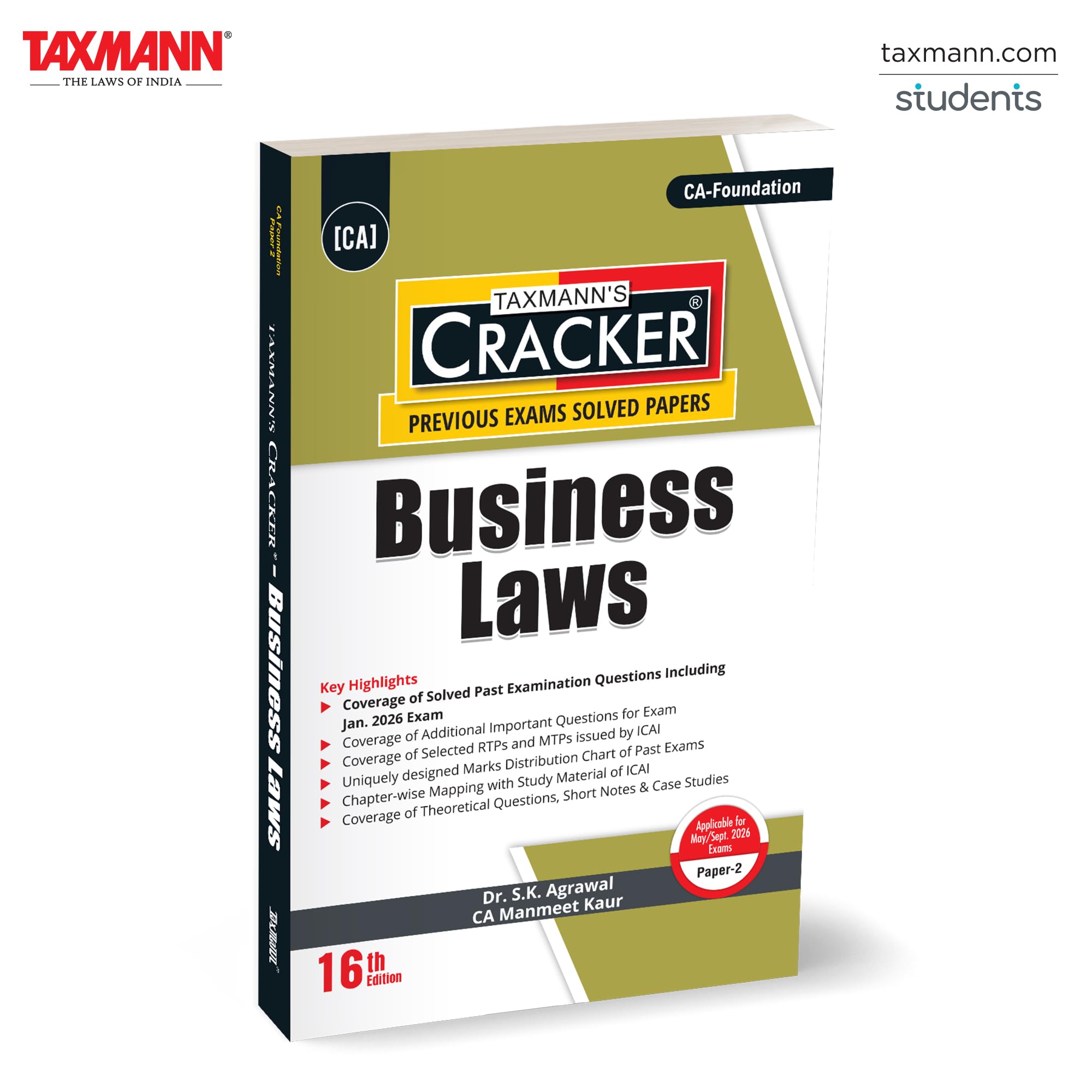 Taxmanns CRACKER for Business Laws (Paper 2 | Law)  Finalstage | Examfocused Practice Manual Decoding ChapterWise Solved Q