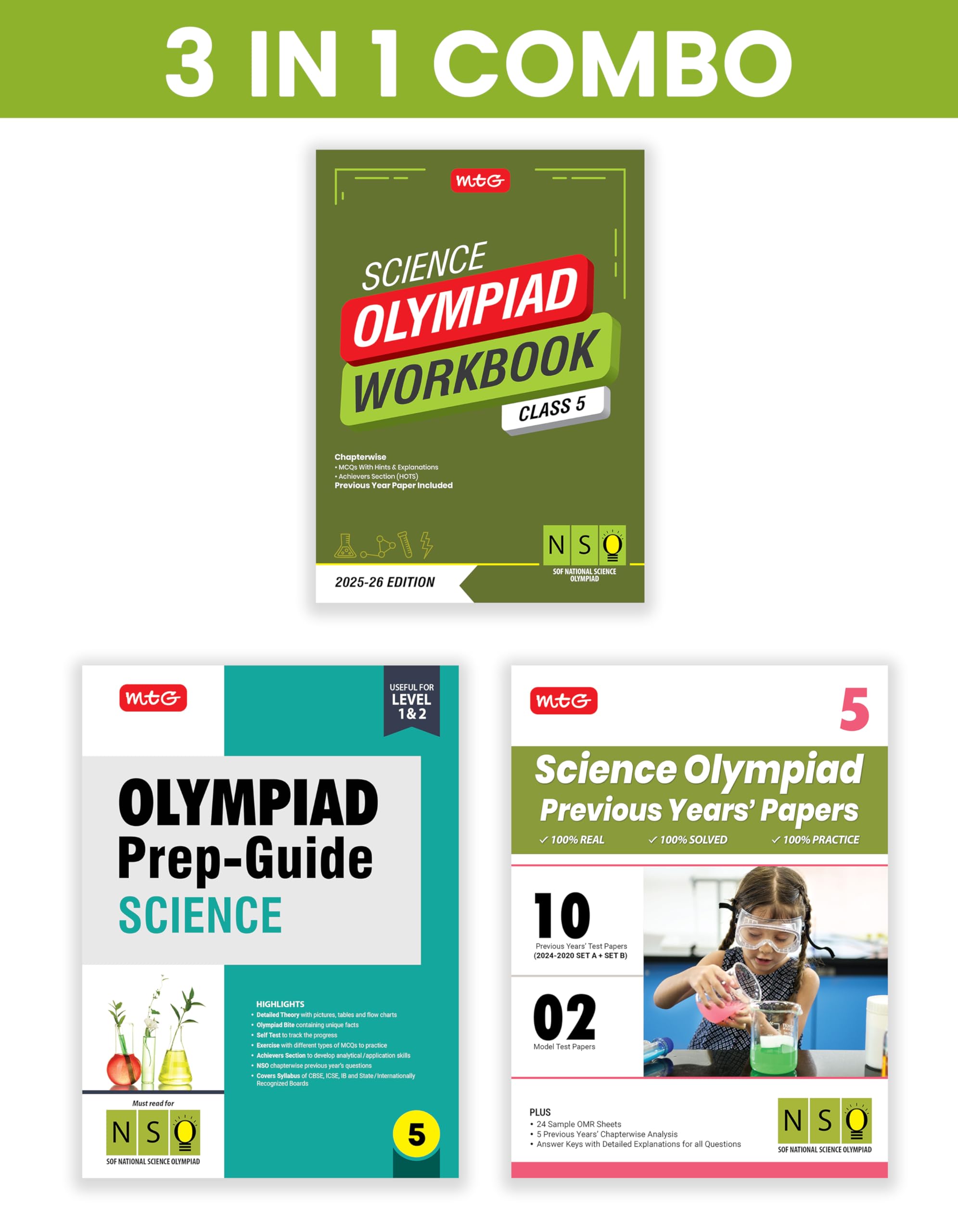 Mtg Class5 National Science Olympiad (Nso) Workbook, PrepGuide & Previous Years Papers (Pyqs) With Mock Test Paper (Set Of 3 B