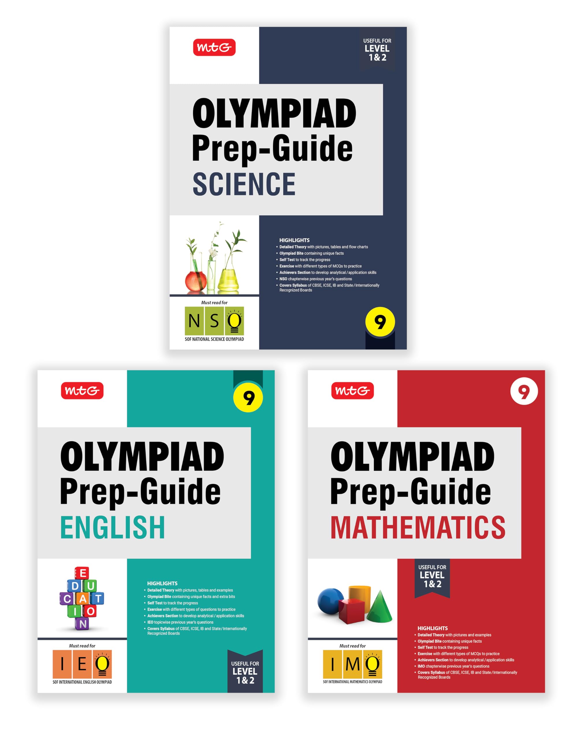 MTG Olympiad PrepGuide Class9 Mathematics, Science & English (Set of 3 Books)  Detailed Theory, IMONSOIEO Previous Years Qu