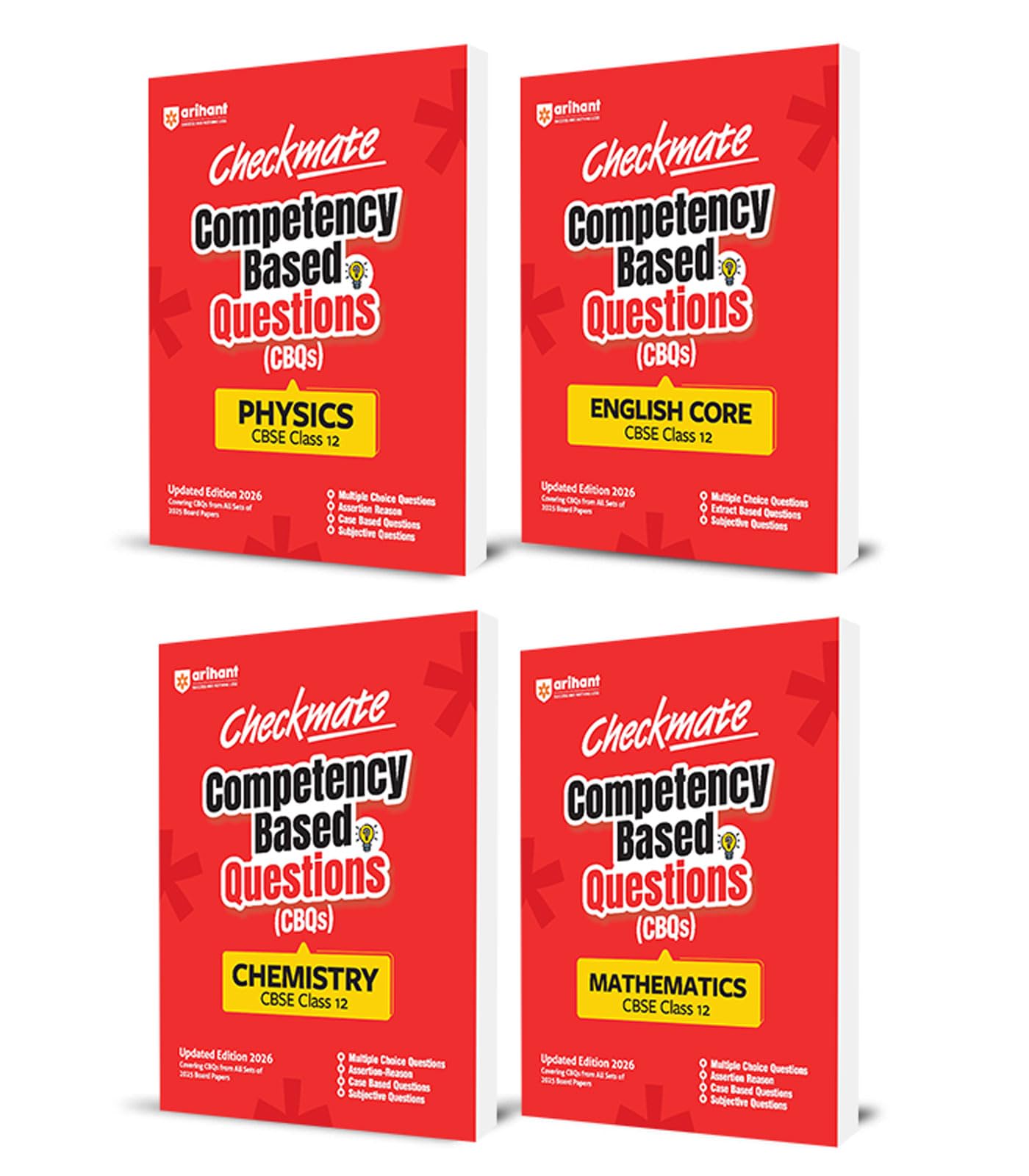 Arihant Checkmate PYQs + CBQs Physics, Chemistry, Mathematics and English Core For CBSE Class 12 | Past Board Exam Questions (20