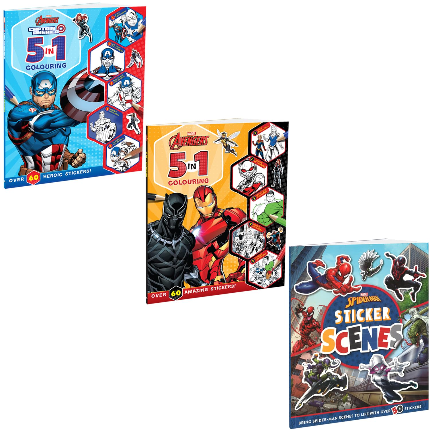 Marvel SpiderMan, Avengers and Captain America Sticker and 5in1 Colouring Pack of 3 Books | Stickers, Colouring and Activitie