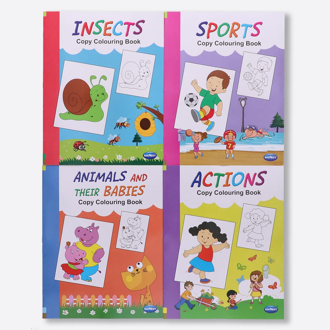 Navneet Theme Copy Colouring Book  Set Of 4 Books  Actions, Sports, Animals & Their Babies, Insects  Painting And Colouring B