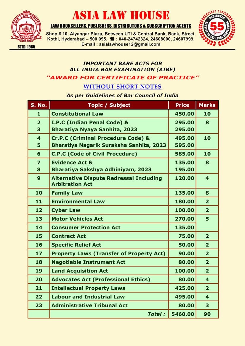 Asia  Important Bare Acts For All India Bar Examination (Aibe) December 2025  Without Short Notes [Set Of 23 Bare Acts]