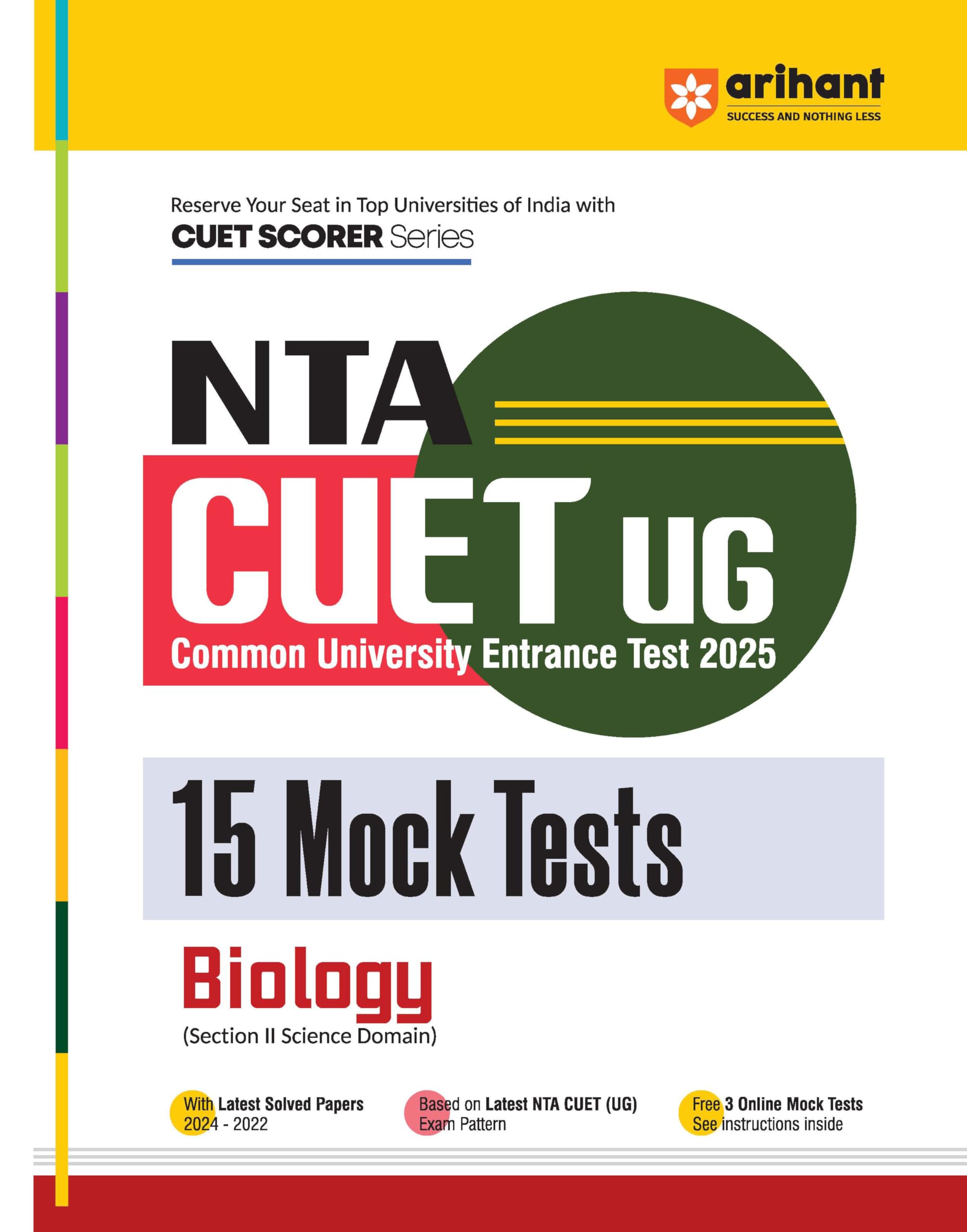 (Old Edition) Arihant NTA CUET UG 2024 15 Mock Tests for Biology (Section II Science Domain) Exam 2024