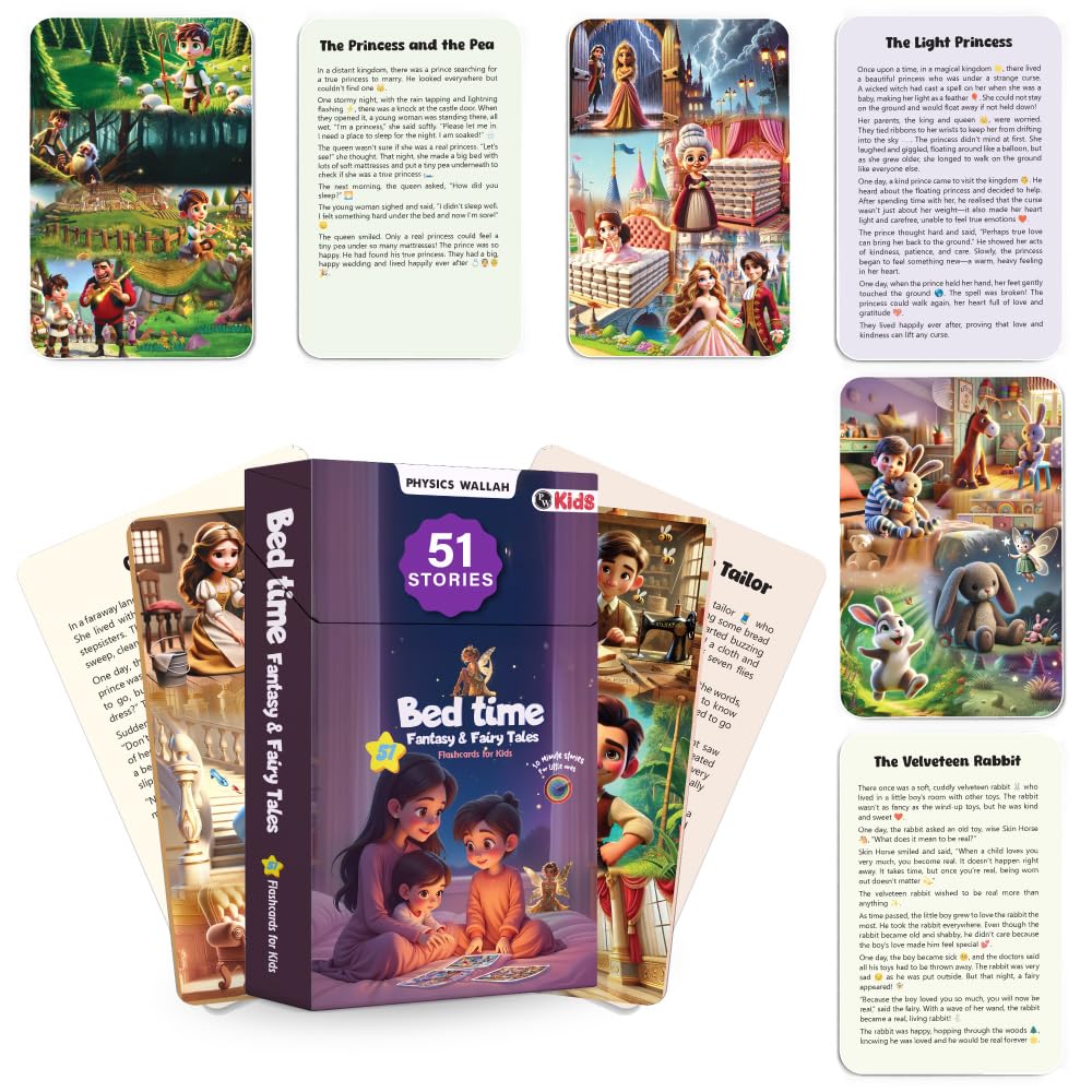 Bedtime Fantasy and Fairy Tales Flashcards for Kids, 51 Colourful & Short Stories Flashcards for 36 Years Old, Montessori Educa