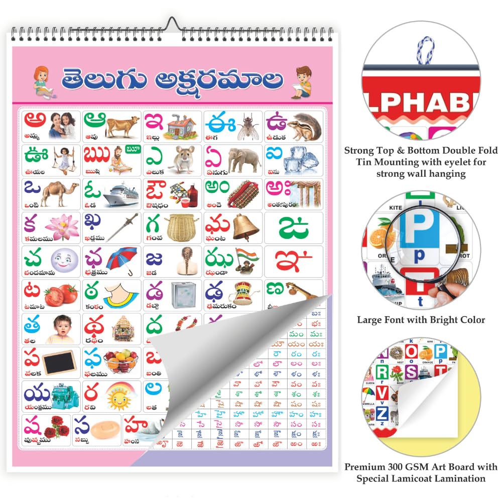 Inikao All In One Spiral Board Chart  Pack Of 14 (Telugu Alphabet) | English Themes + Telugu Varnamala | Preschool Wall Learnin