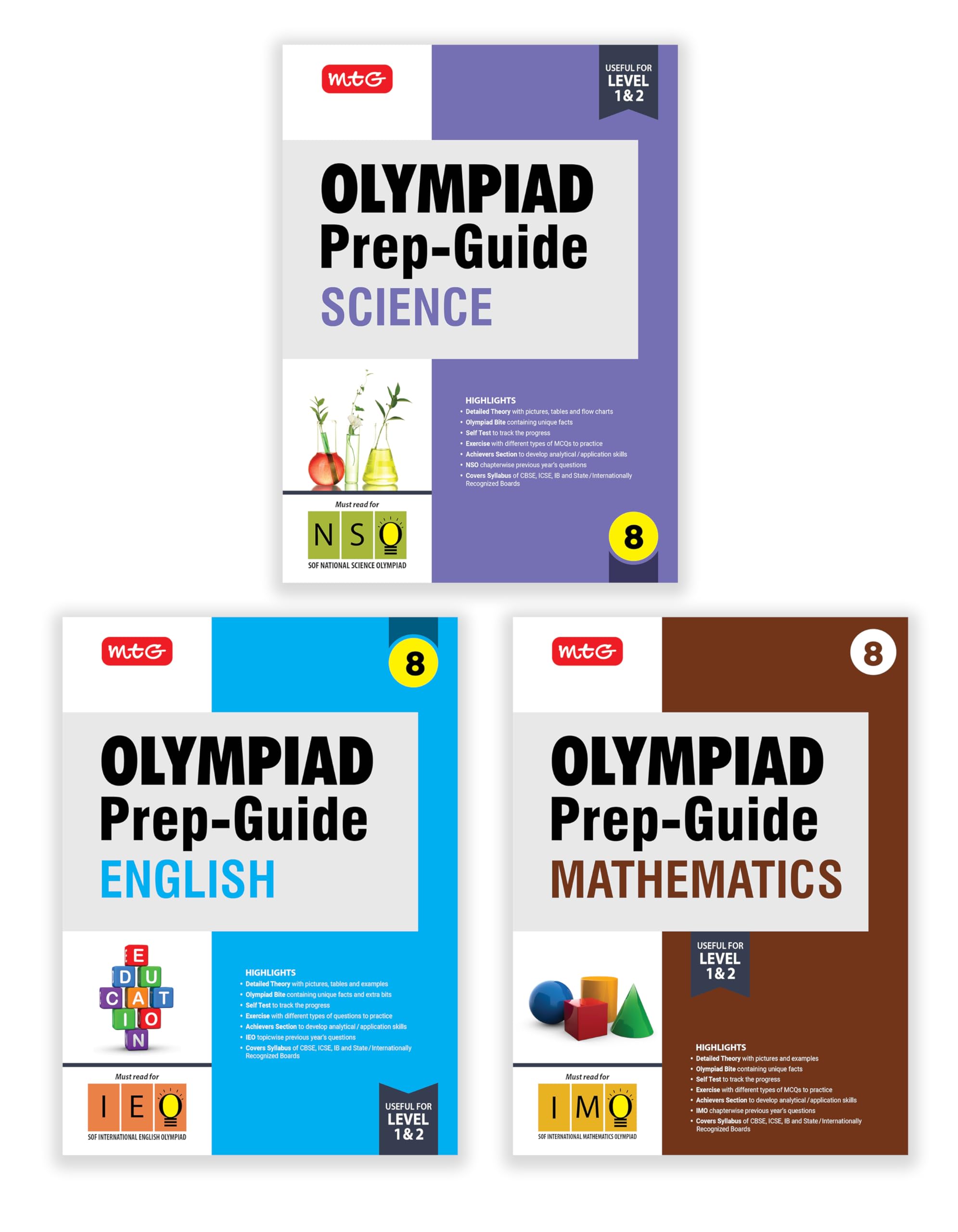 MTG Olympiad PrepGuide Class8 Mathematics, Science & English (Set of 3 Books)  Detailed Theory, IMONSOIEO Previous Years Qu
