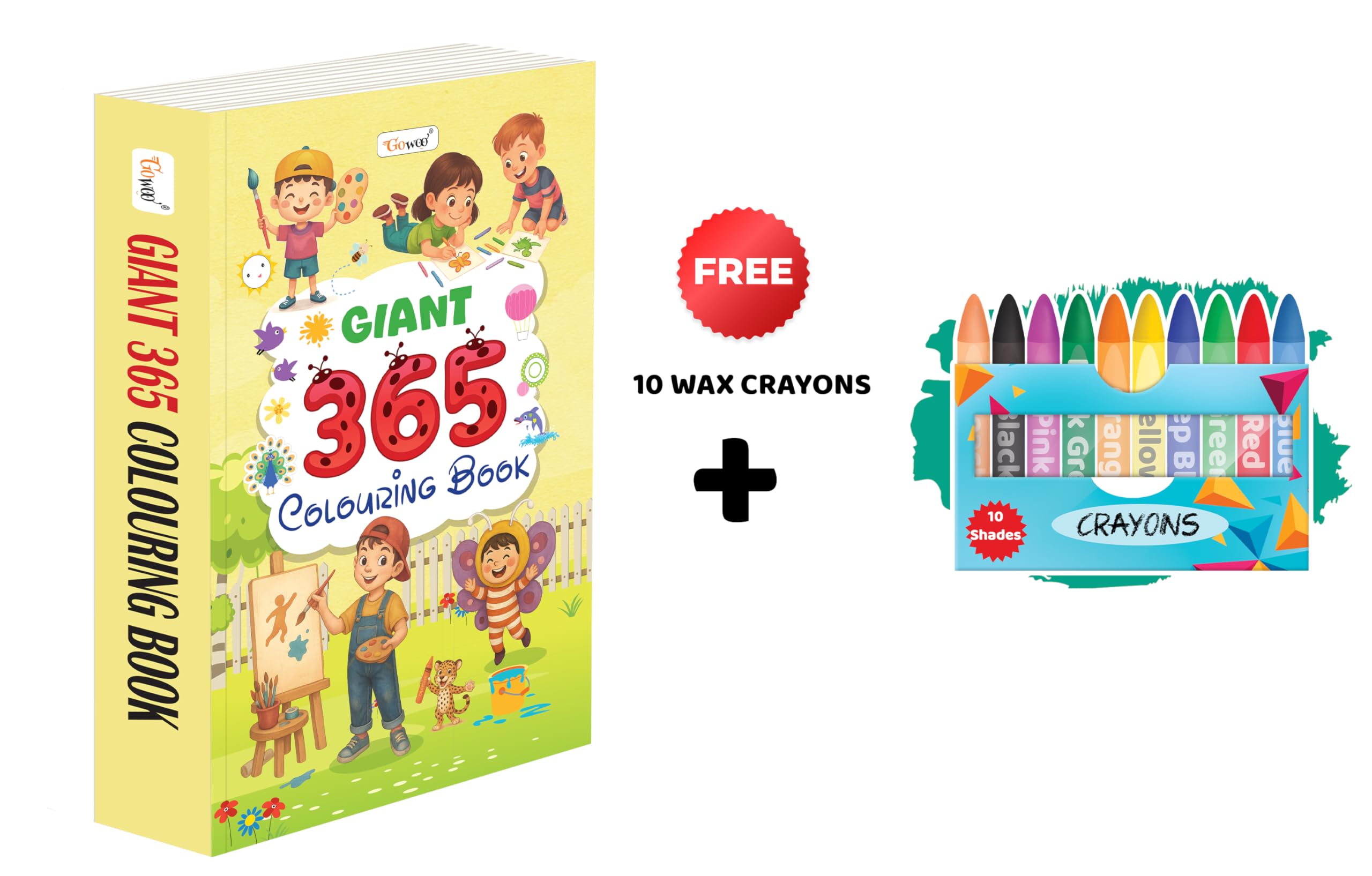 GIANT  365 Colouring Book and 10 Wax Crayons : creative colouring for kids, drawing book for children, thick colouring book, e