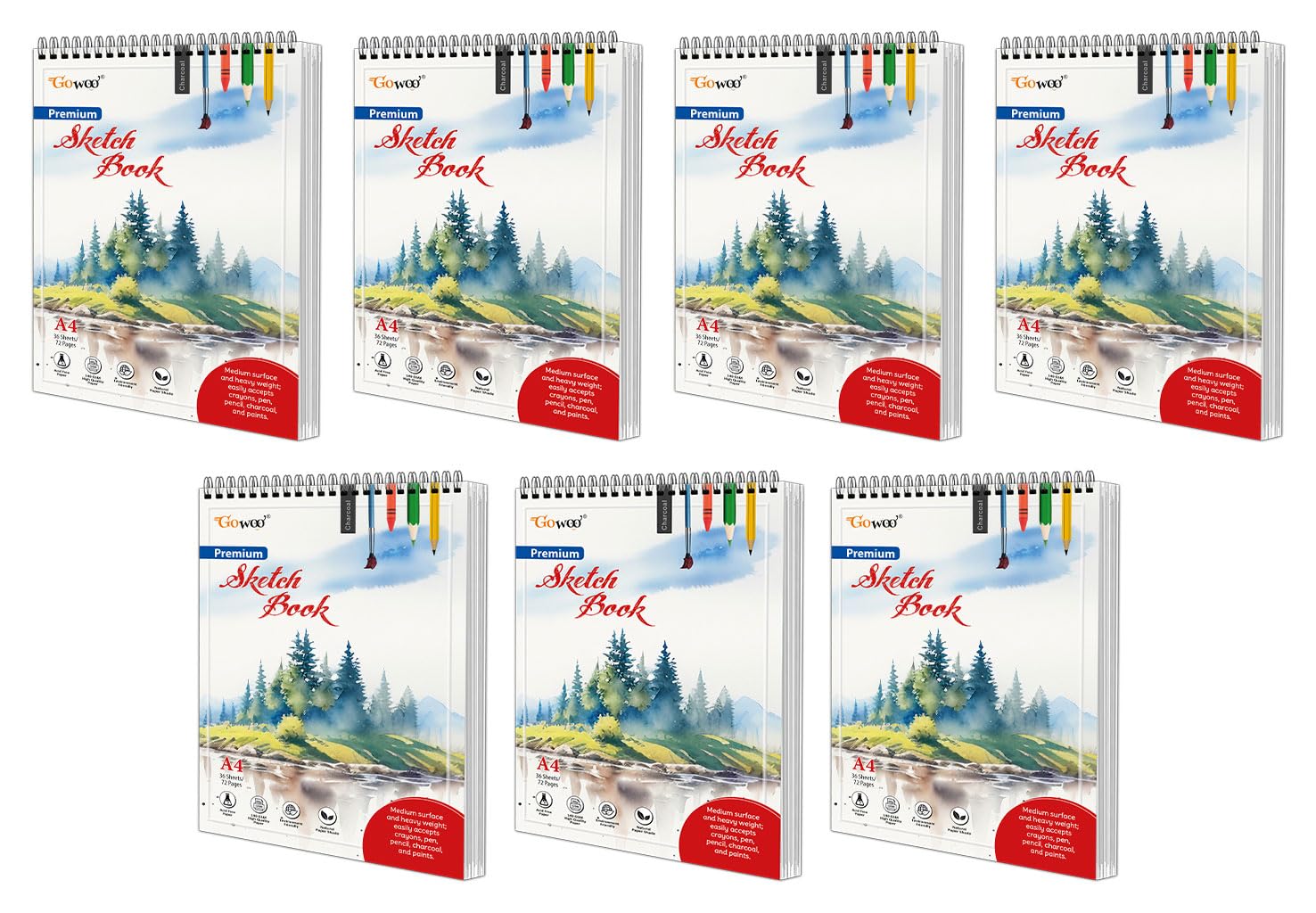 A4 Premium Sketch Book : Set of 7 Sketchpad for Artists, 36 Sheets, Top SpiralBound, Drawing, Painting And Sketching book