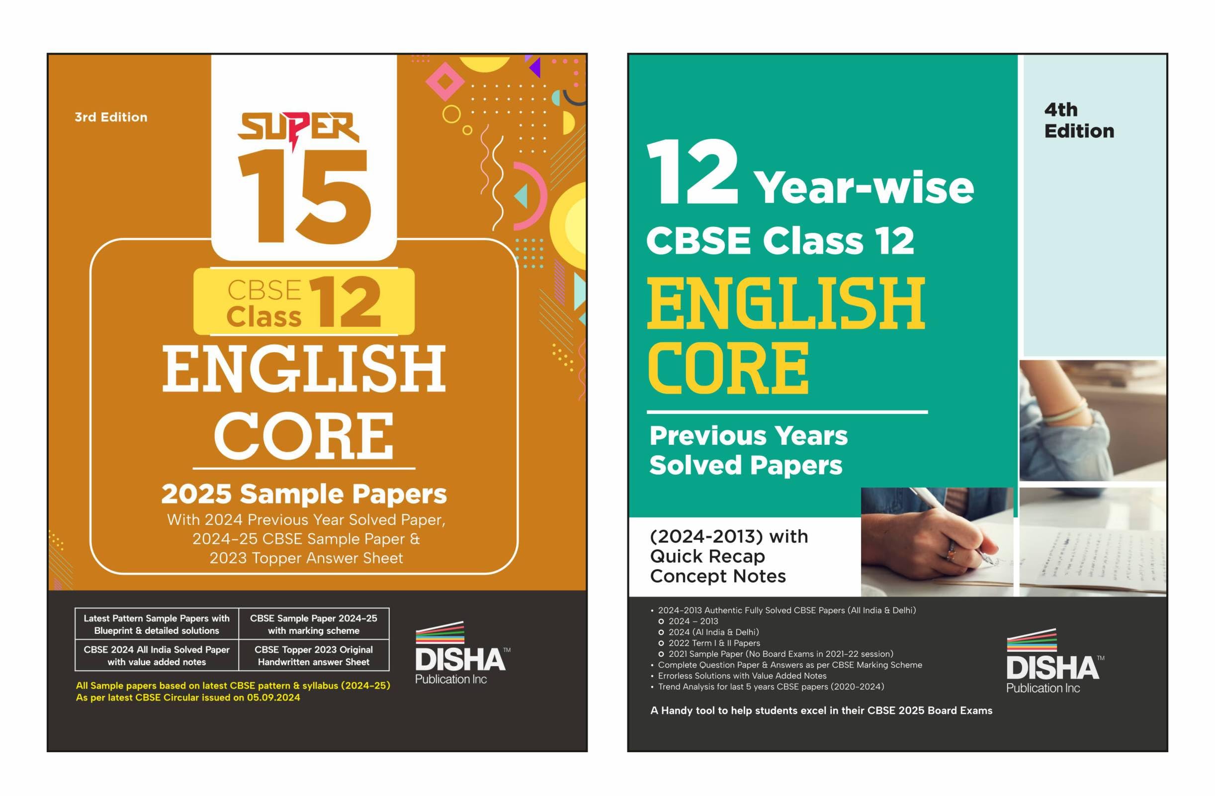 Disha Combo (Set Of 2 Books) 12 Previous YearWise Solved Papers & Super 15 Sample Papers For Cbse Class 12 English Core 2025 Ex