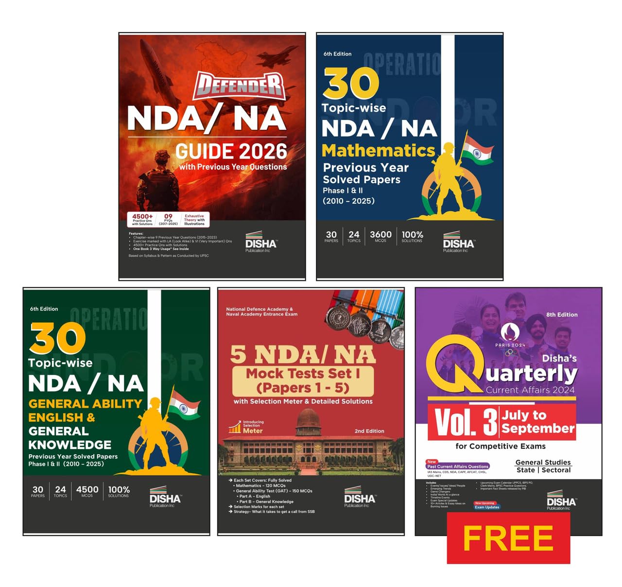 Disha Combo (Set Of 5 Books) Nda/ Na Study Package  Guide + 38 Previous Year Solved Papers + 5 Practice Sets | Mathematics, Eng