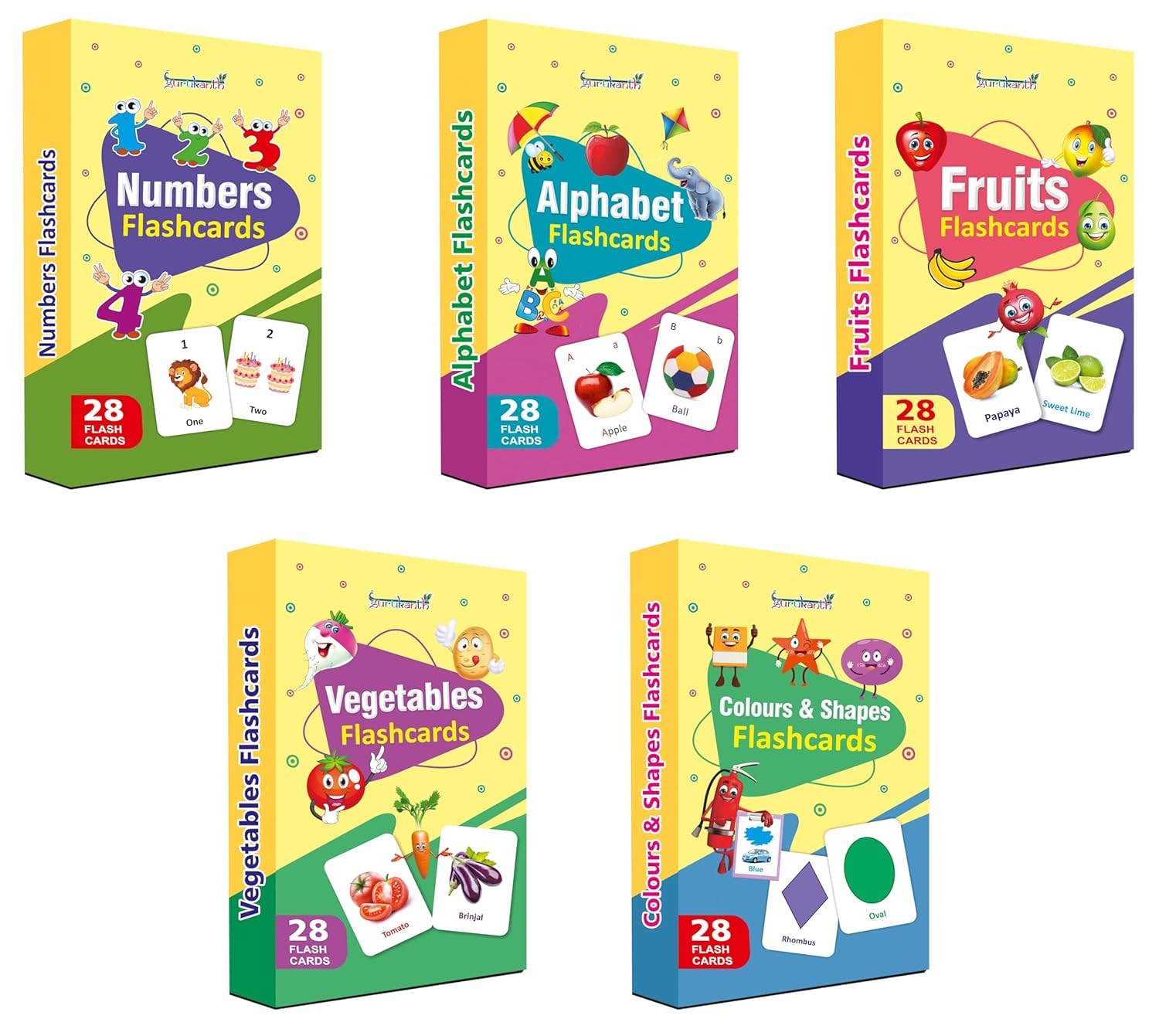 Gurukanth Premium 5In1 Brain Boosting NonTearable Flash Cards For Kids | 140 Laminated Cards | 1+ Years | Early Learning Mont
