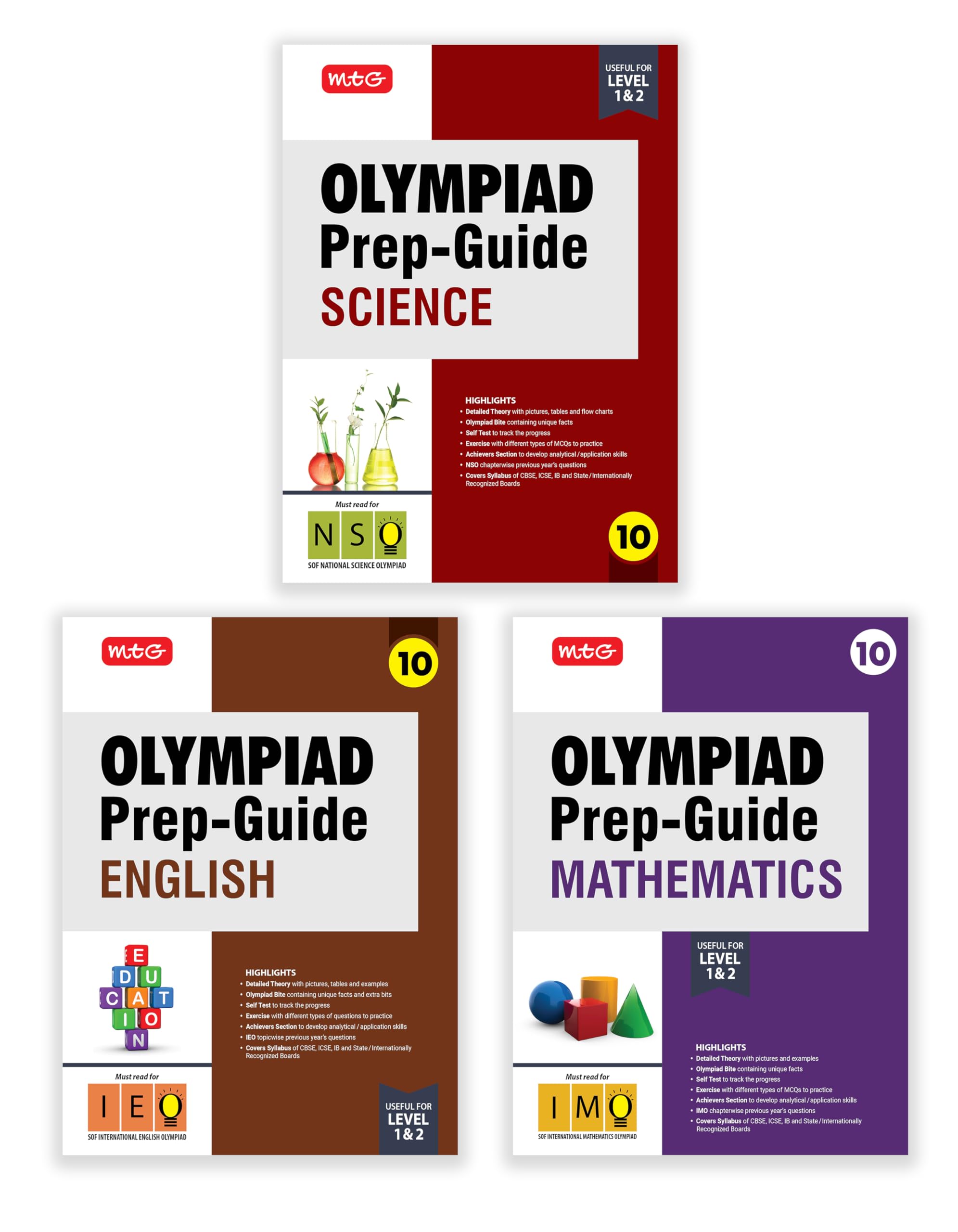 MTG Olympiad PrepGuide Class10 Mathematics, Science & English (Set of 3 Books)  Detailed Theory, IMONSOIEO Previous Years Q