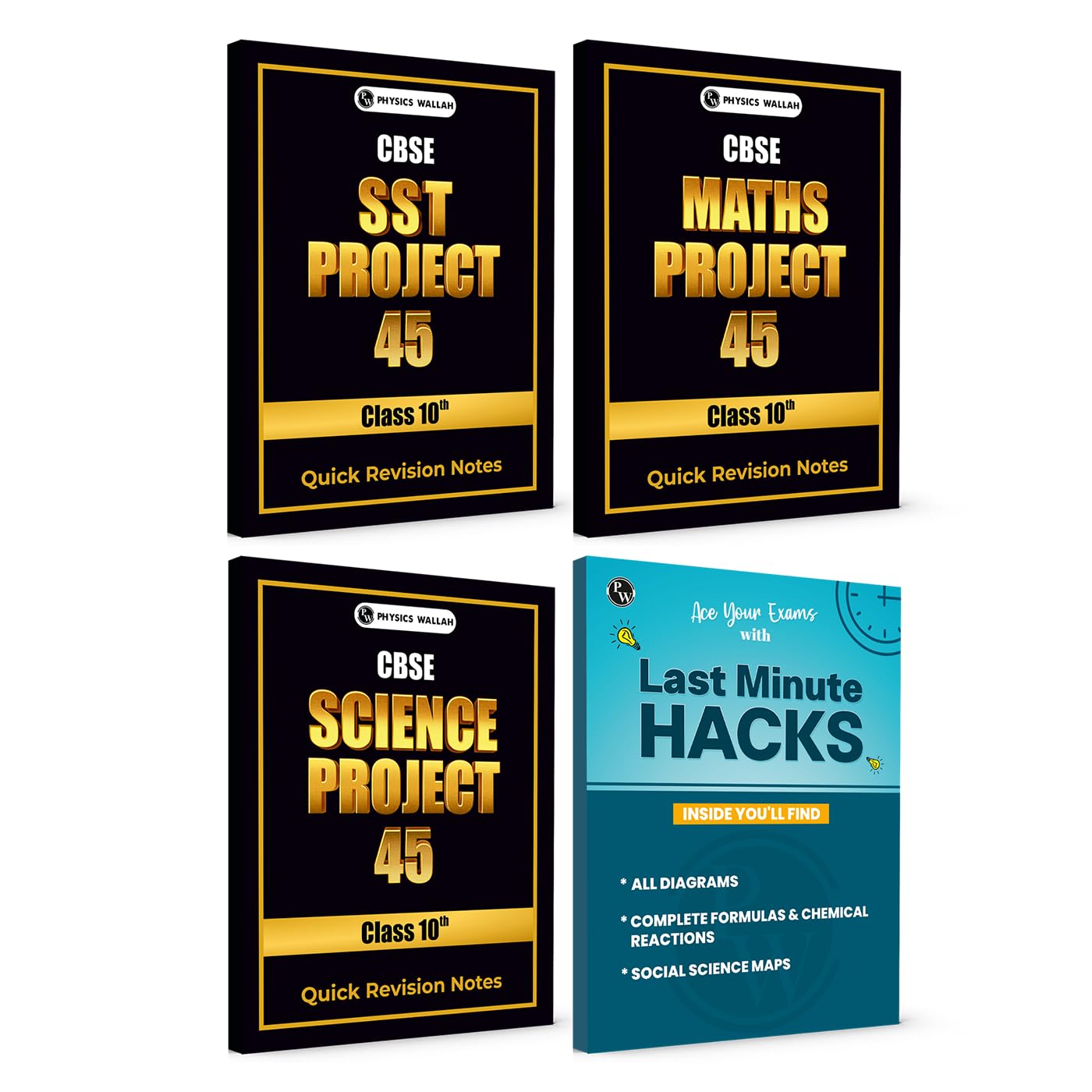 Pw Cbse Class 10 Project 45 Science, Maths, Social Science And Last Minute Hacks Revision Book Combo Set Of 4 Books Quick Revisi