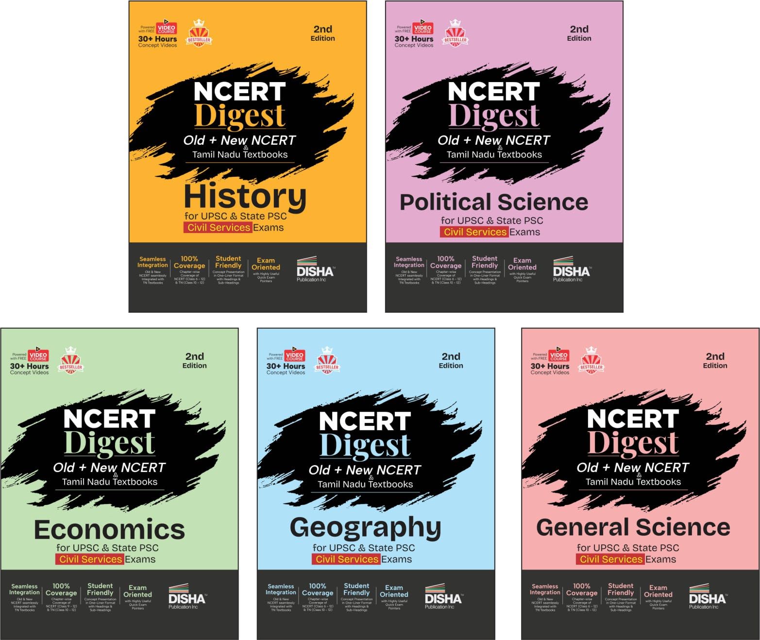 Disha Combo (Set Of 5 Books) Old + New Ncert Digest History, Political Science, Economics, General Science & Geography With Tami