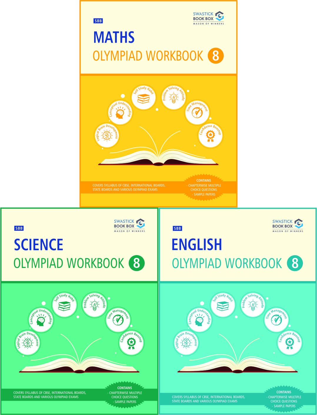 Maths, Science and English Olympiad Workbook Combo  Class 8