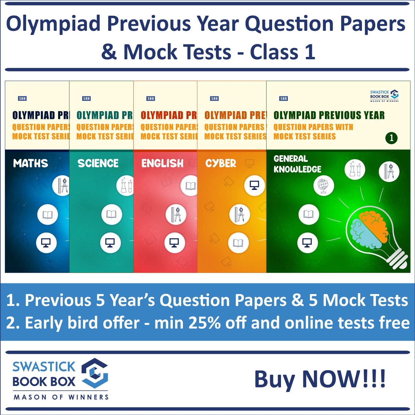 Olympiad Books For Class 1  Previous Year Question Papers and Mock Tests [Maths, Science, English, Cyber, GK]