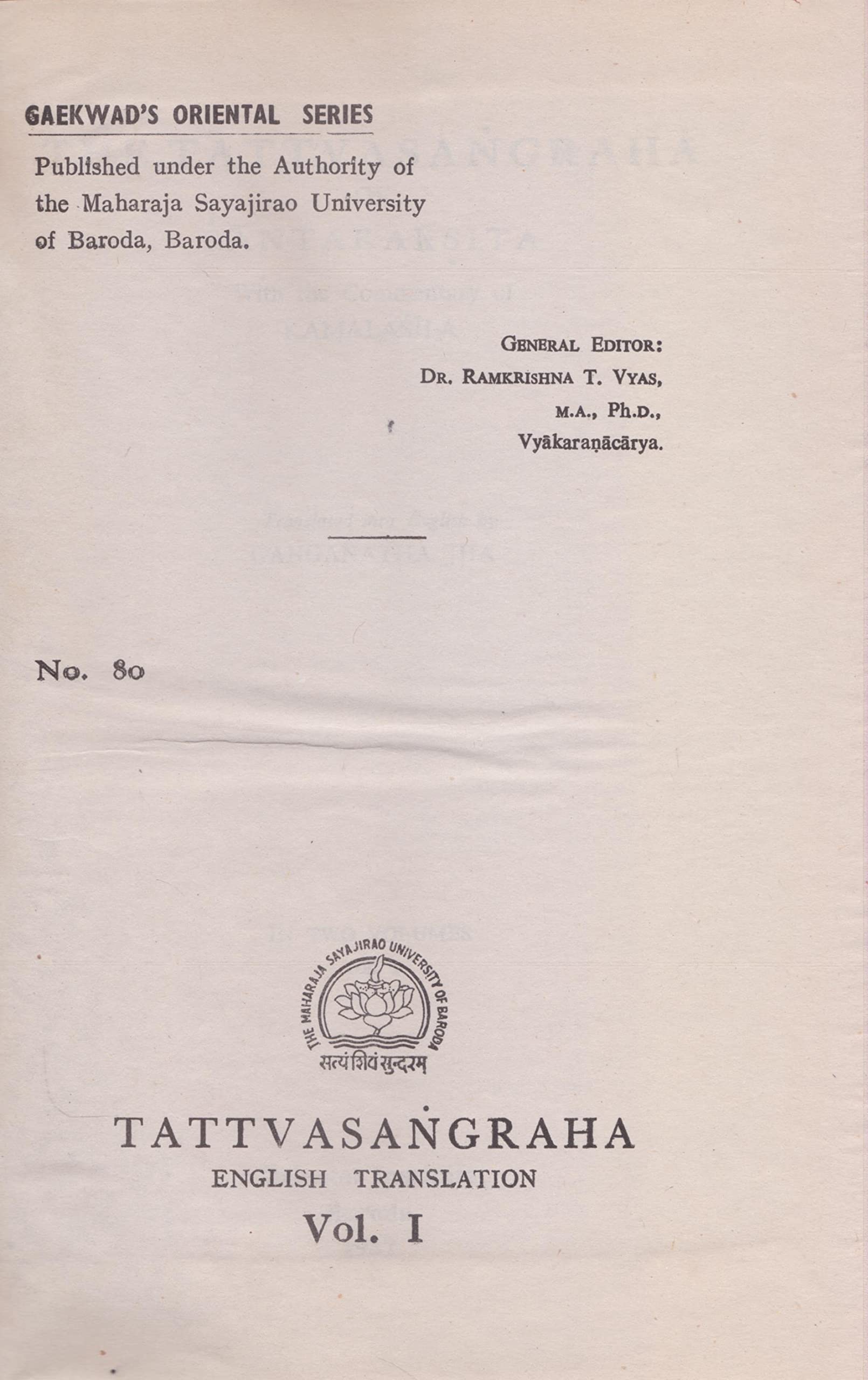 Tattvasangraha Of Santaraksita Vol I