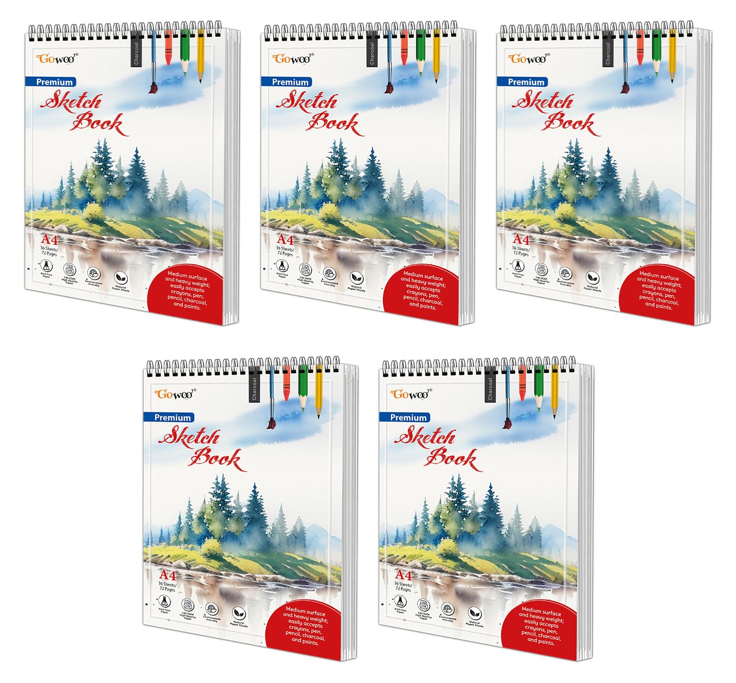 A4 Premium Sketch Book : Set of 5 Artist Sketch Pads, 36 sheets sketch book for Drawing and Doodling, Top SpiralBound Sketchpad