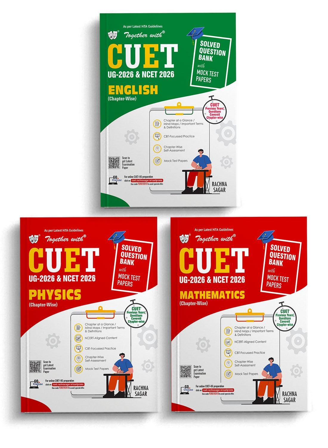 Together with CUET UG & NCET 2026 Question Banks | Combo Set of 3 Books English, Physics & Mathematics Chapterwise Question Ban