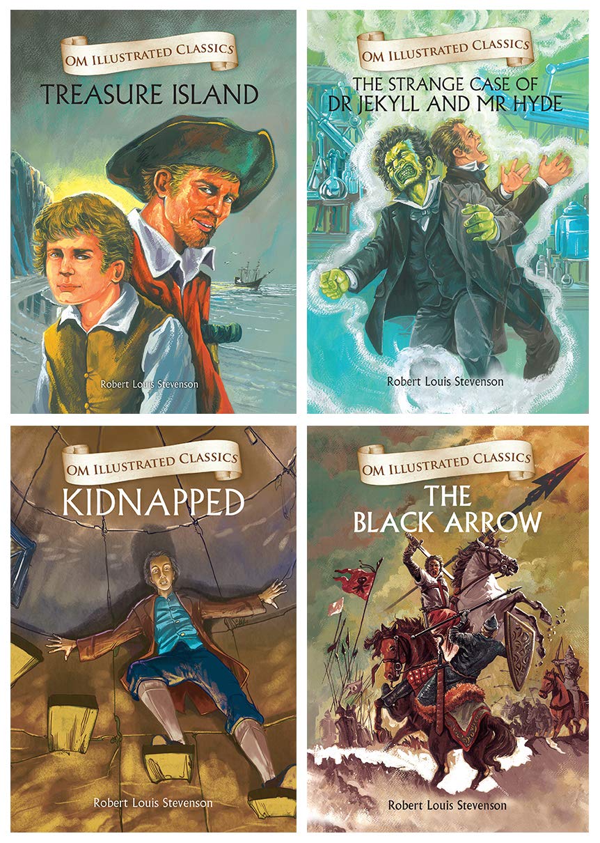 Om Illustrated Classics: Collection of Robert Louis Stevenson (Set of 4 books The Treasure Island, Kidnapped, Dr Jekyll and Mr 