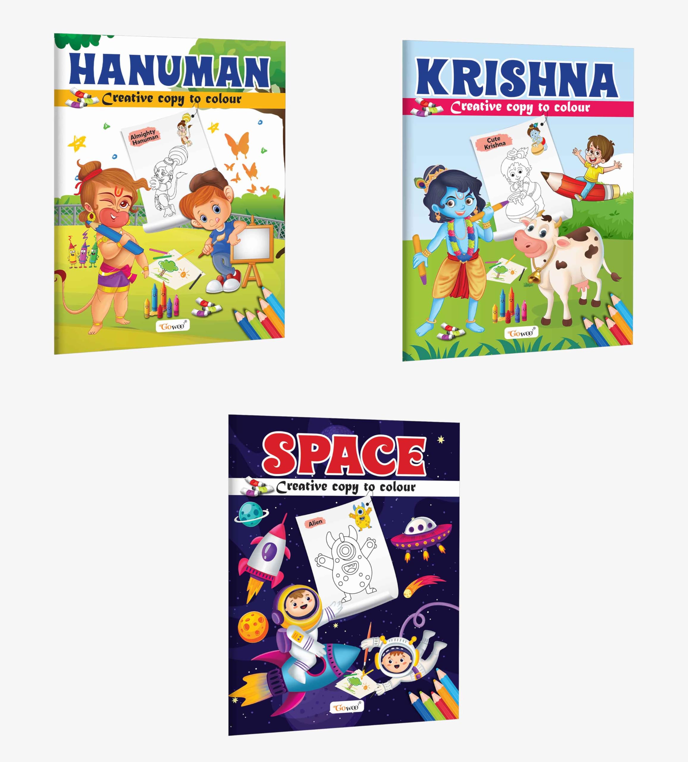 Hanuman, Krishna and Space  Creative Copy to Colour book : creative colouring books for kids, mythological colouring book, kids