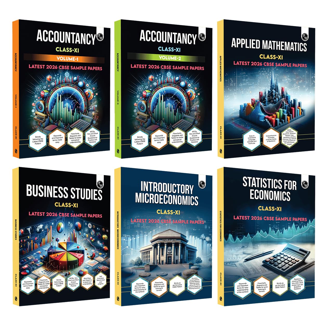 PW CBSE Class 11 Accountancy Volume 1 & 2, Business Studies Volume 1 & 2, Applied Mathematics, Statistics for Economics & Introd