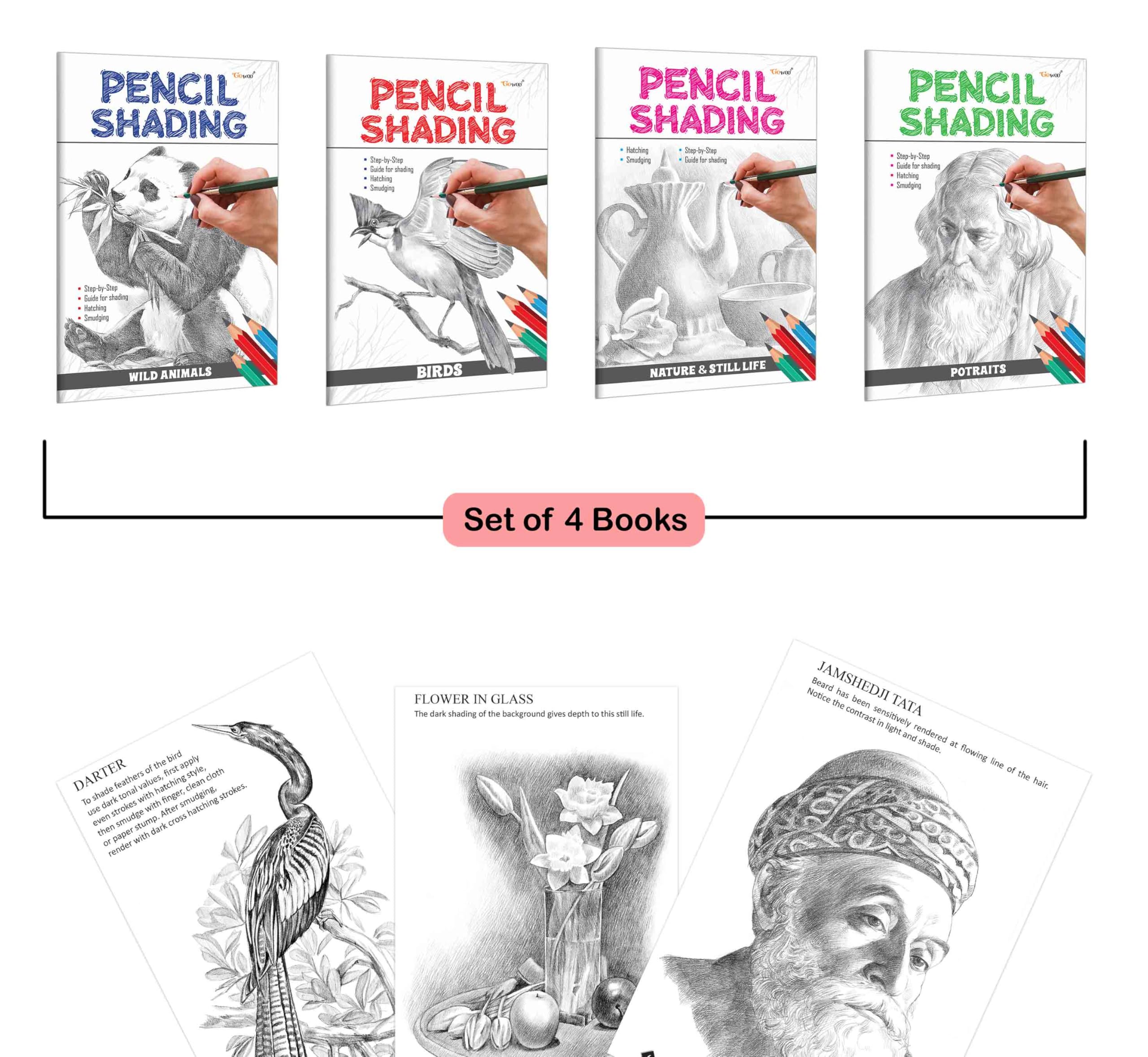 Pencil Shading  Birds, Wild Animals, Nature & Still Life and Portraits : kids drawing and shading book, educational art book fo