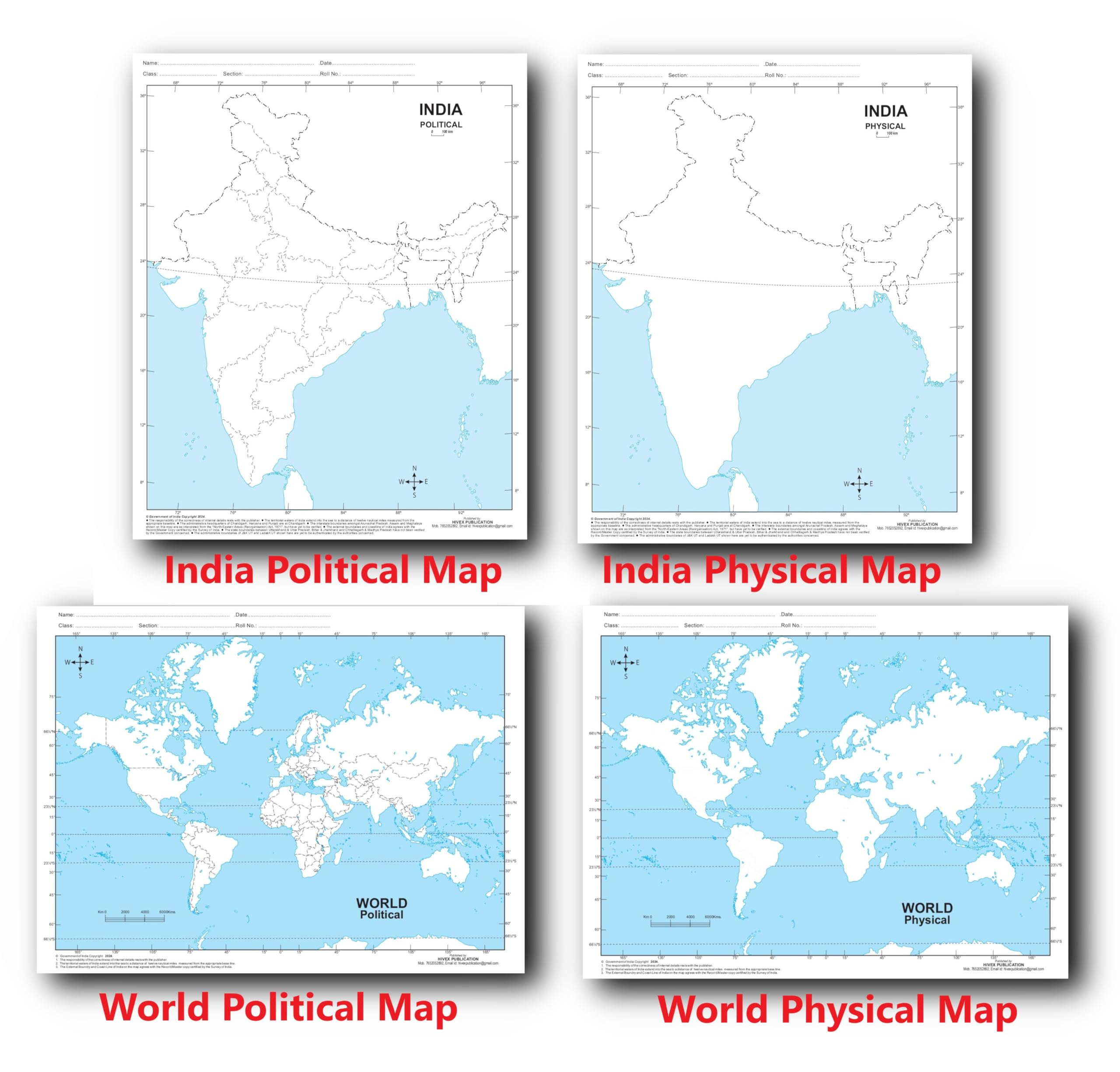 Outline Practice Map Of India And World (Both Political And Physical Map) | A4 Big Size | Set Of 100 Maps | Printed On High Gra