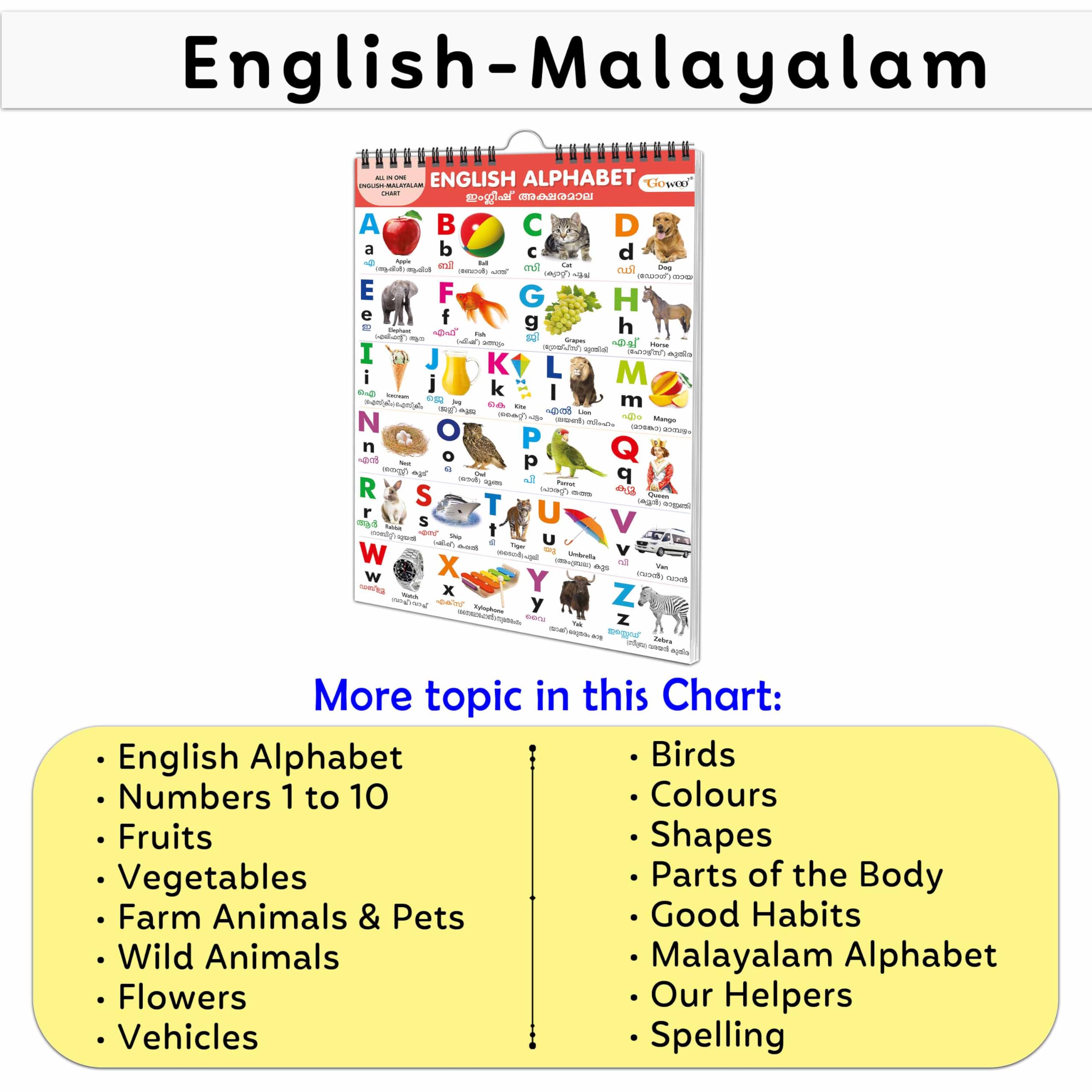 Chart Book Collections For Early Learning : Kids learning Chart book, My First ALL IN ONE SPIRAL CHART ENGLISHMALYALAM Kids C