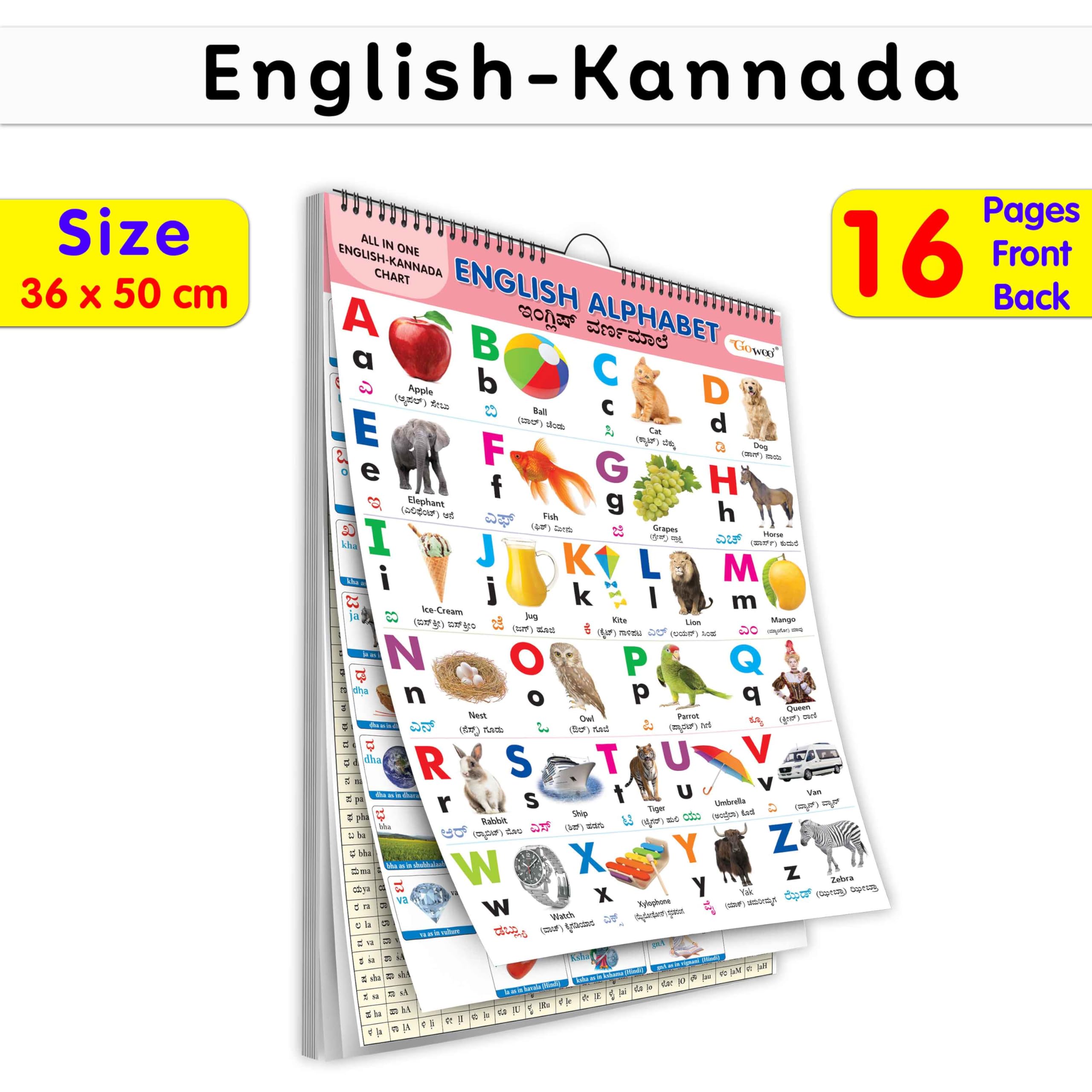 My First ALL IN ONE SPIRAL CHART ENGLISHKANNADA : With 16 Topics ( Big Fonts and Realistic Pictures) | Gift Set For Kids