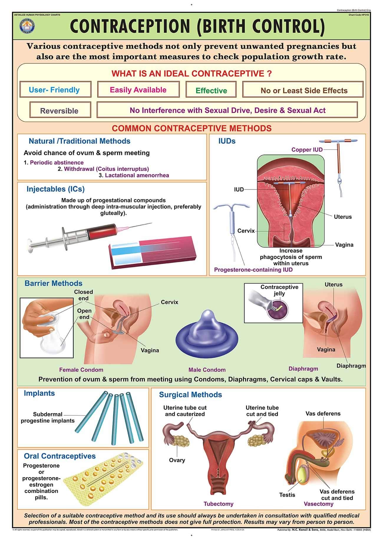 Hp31S | Teachingnest | Contraception (Birth Control) Chart 70X100 Cm | English | Human Physiology Chart | Synthetic | Wall Stick