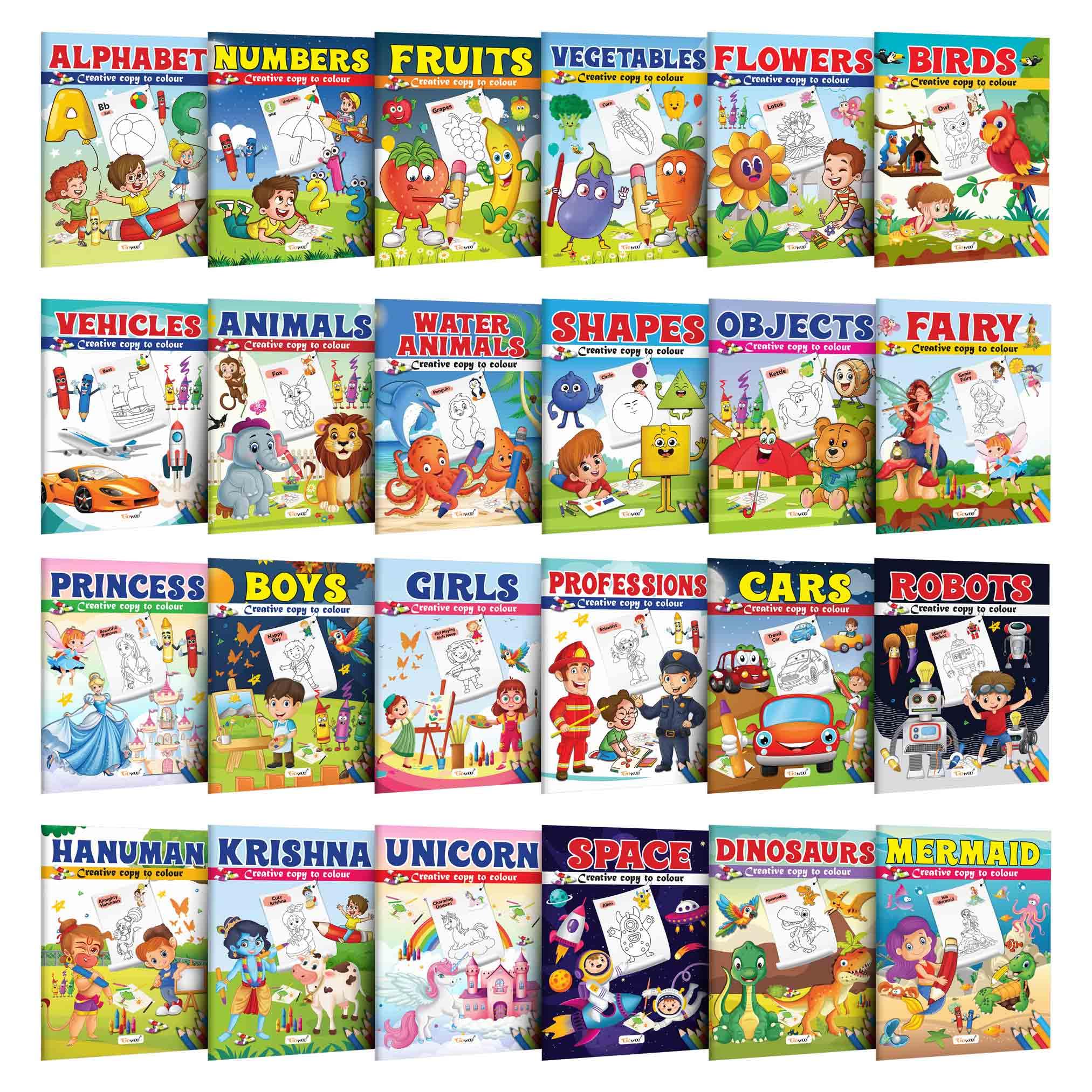 Alphabet, Numbers, Fruits, Vegetables, Flowers, Birds, Vehicle, Animals and many more  Creative Copy to Colour book : Toddlers 